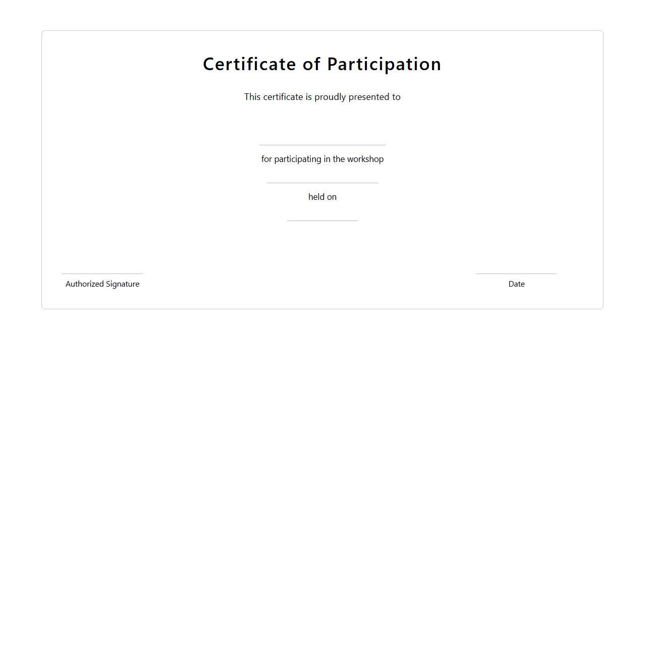 Blank Workshop Participation Certificate Sample
