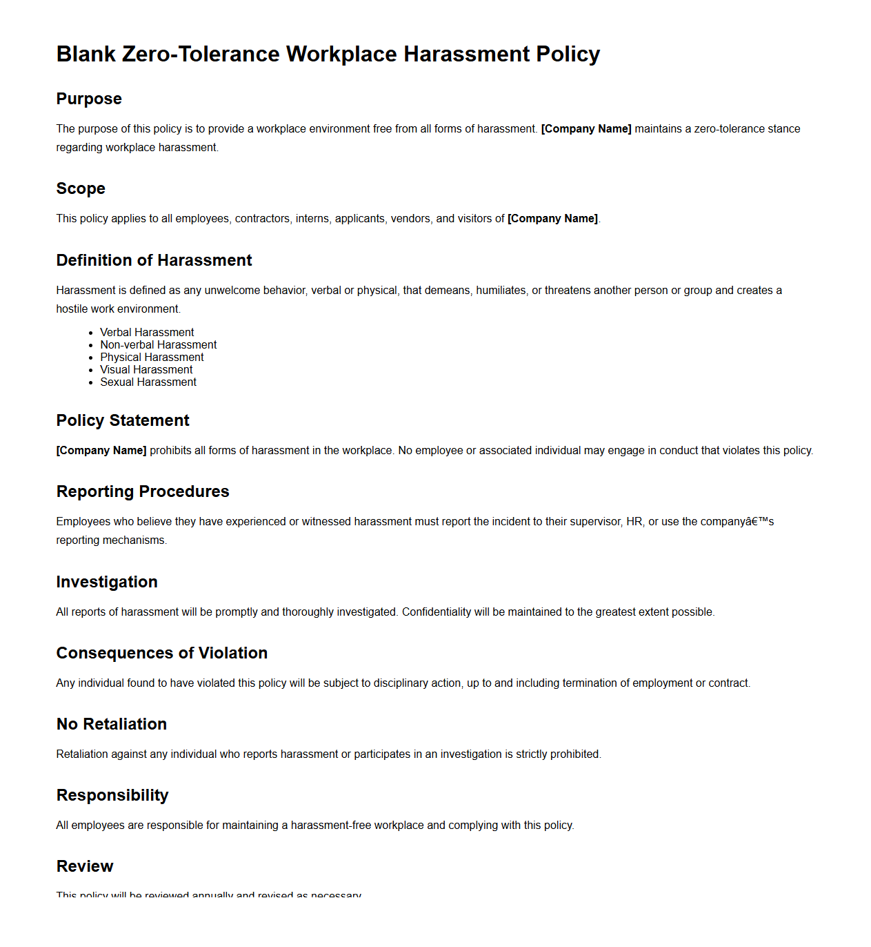 Blank Zero-Tolerance Workplace Harassment Policy
