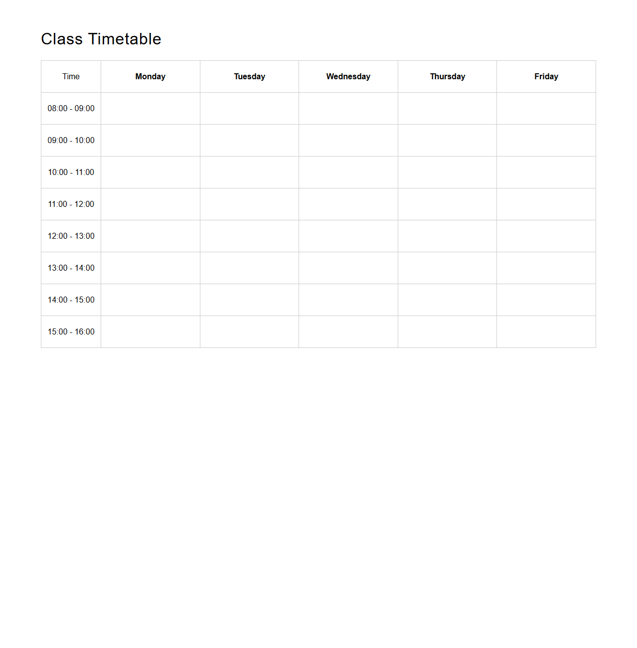 Block Style Class Timetable Sheet