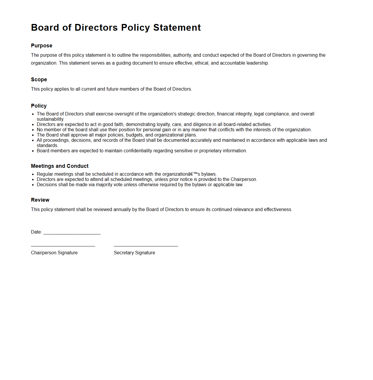 Board of Directors Policy Statement Example