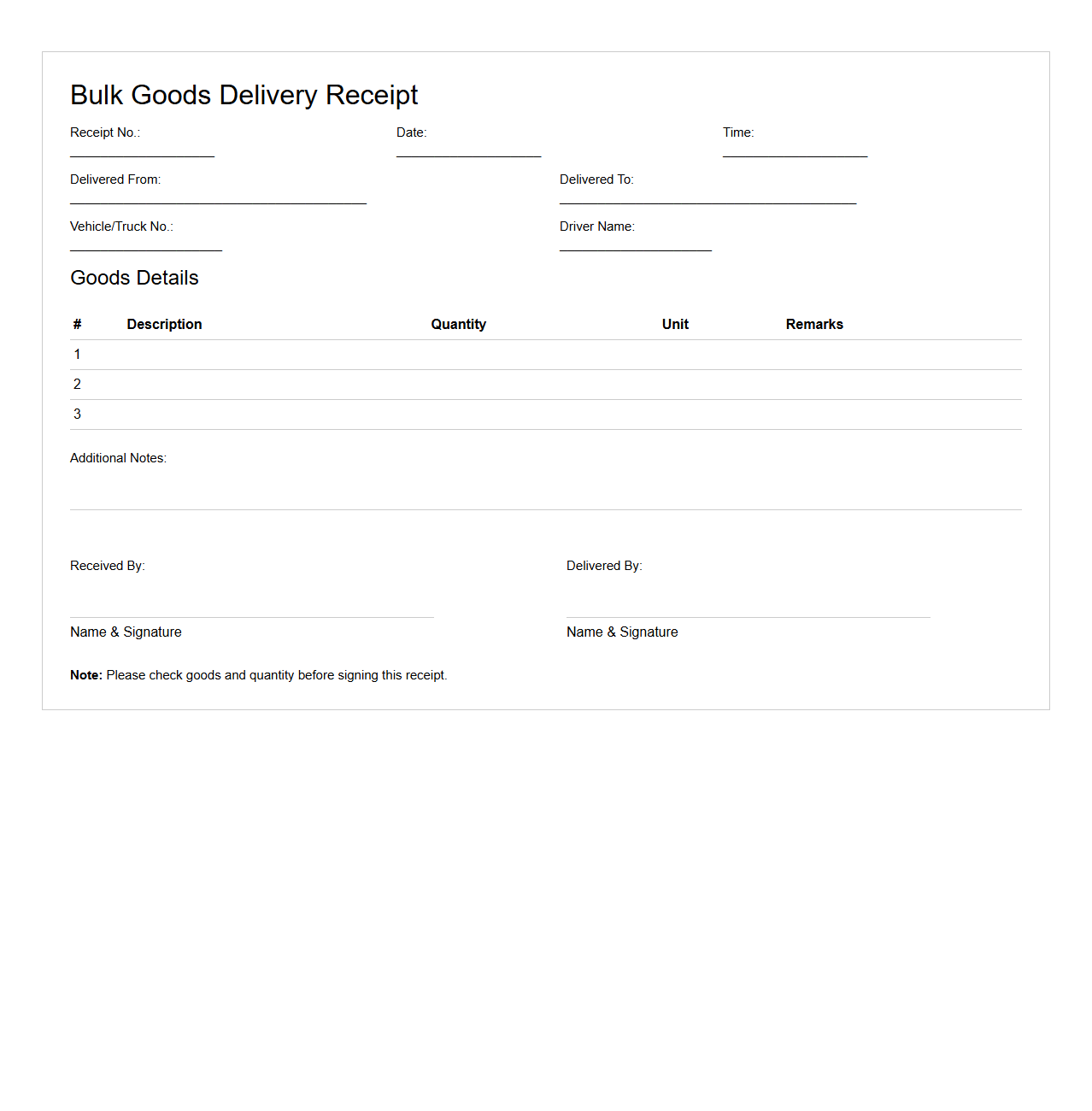 Bulk Goods Delivery Receipt Layout
