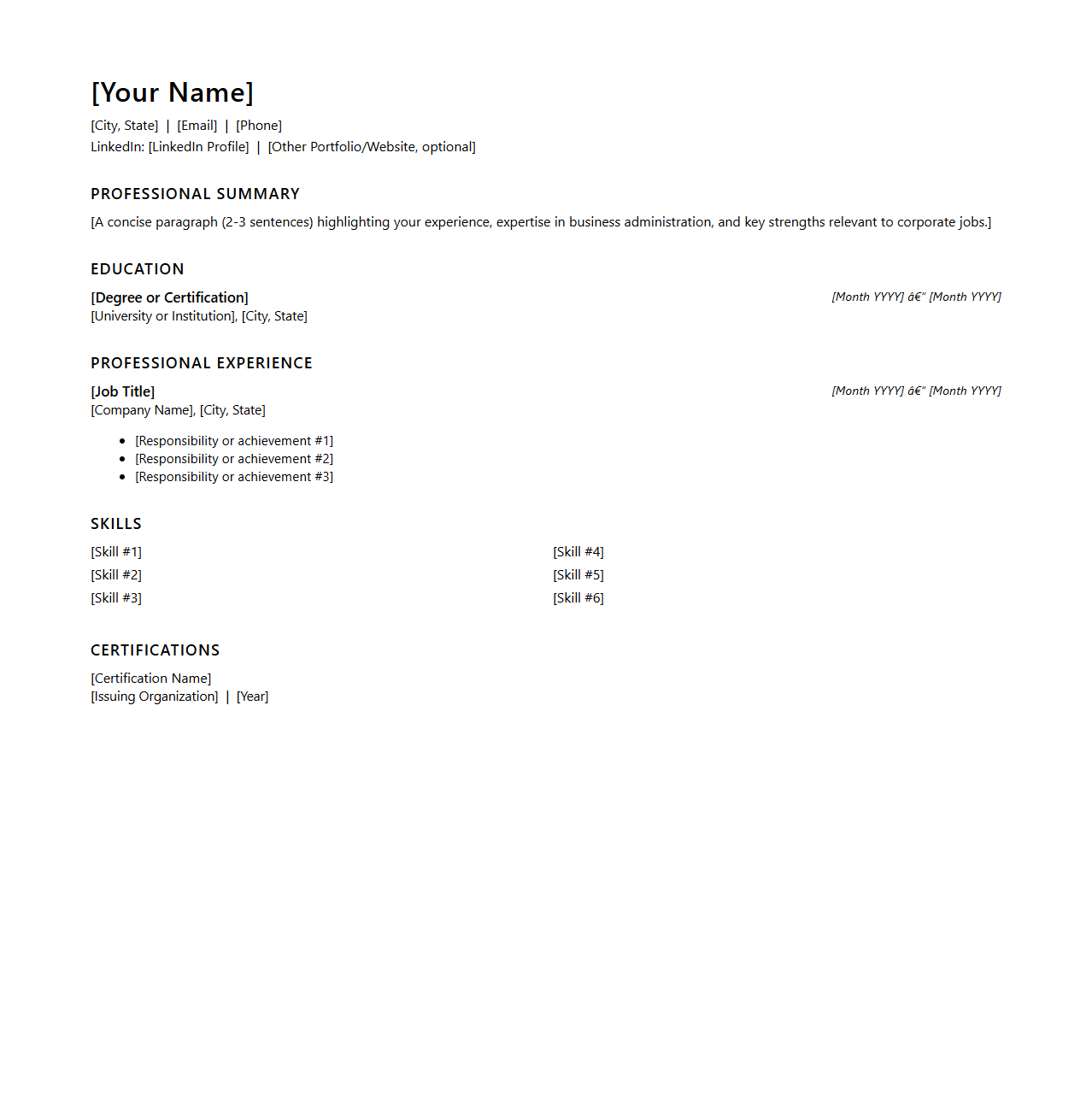 Business Administration Resume Template for Corporate Jobs