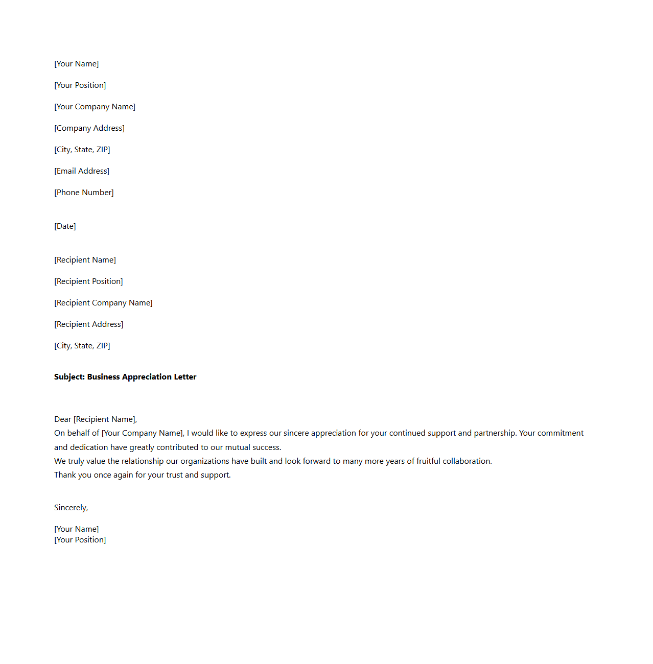 Business Appreciation Letter Template