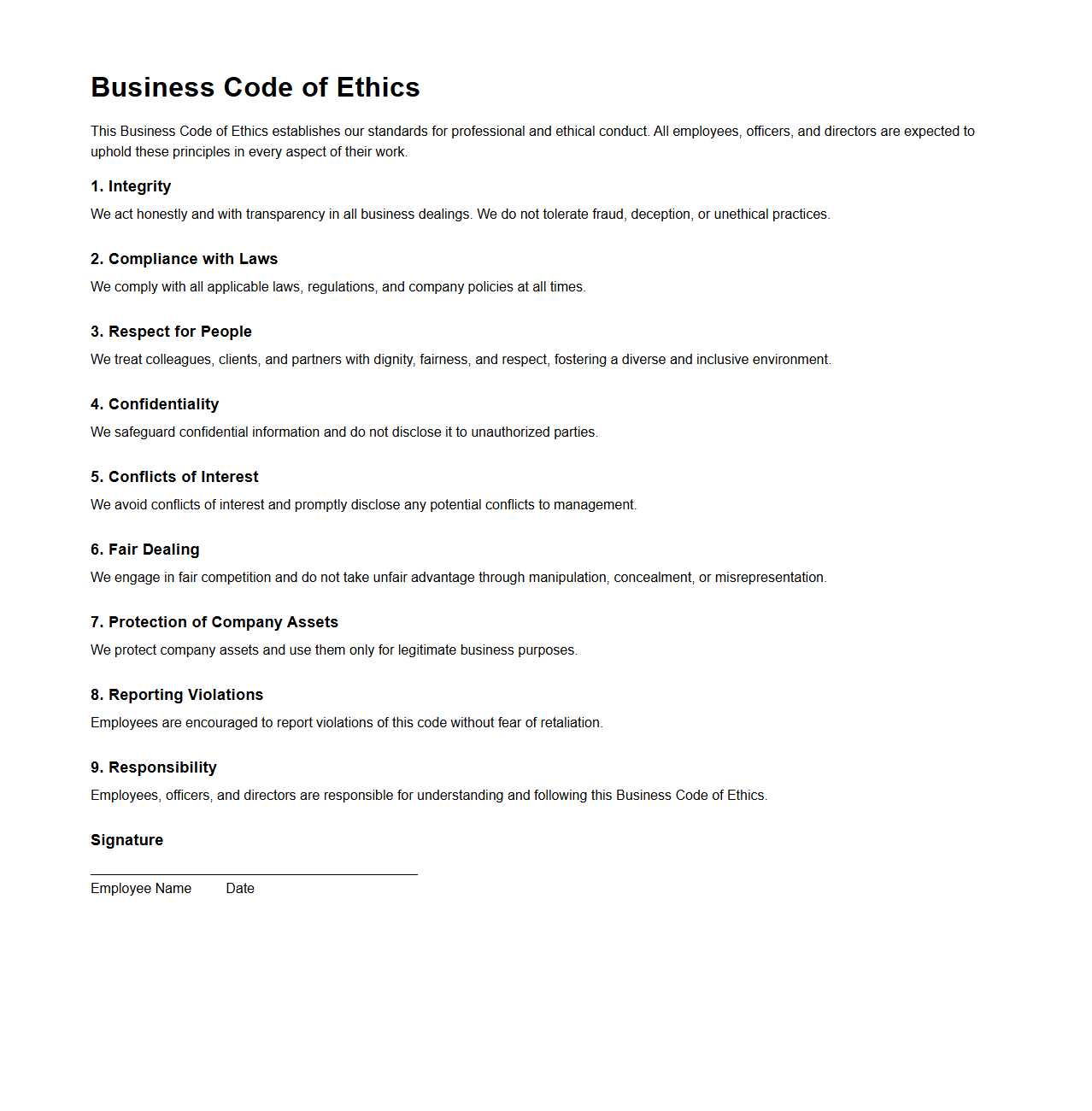 Business Code of Ethics Sample Sheet