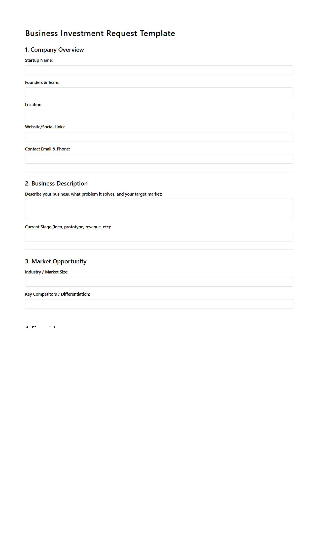 Business Investment Request Template for Startups