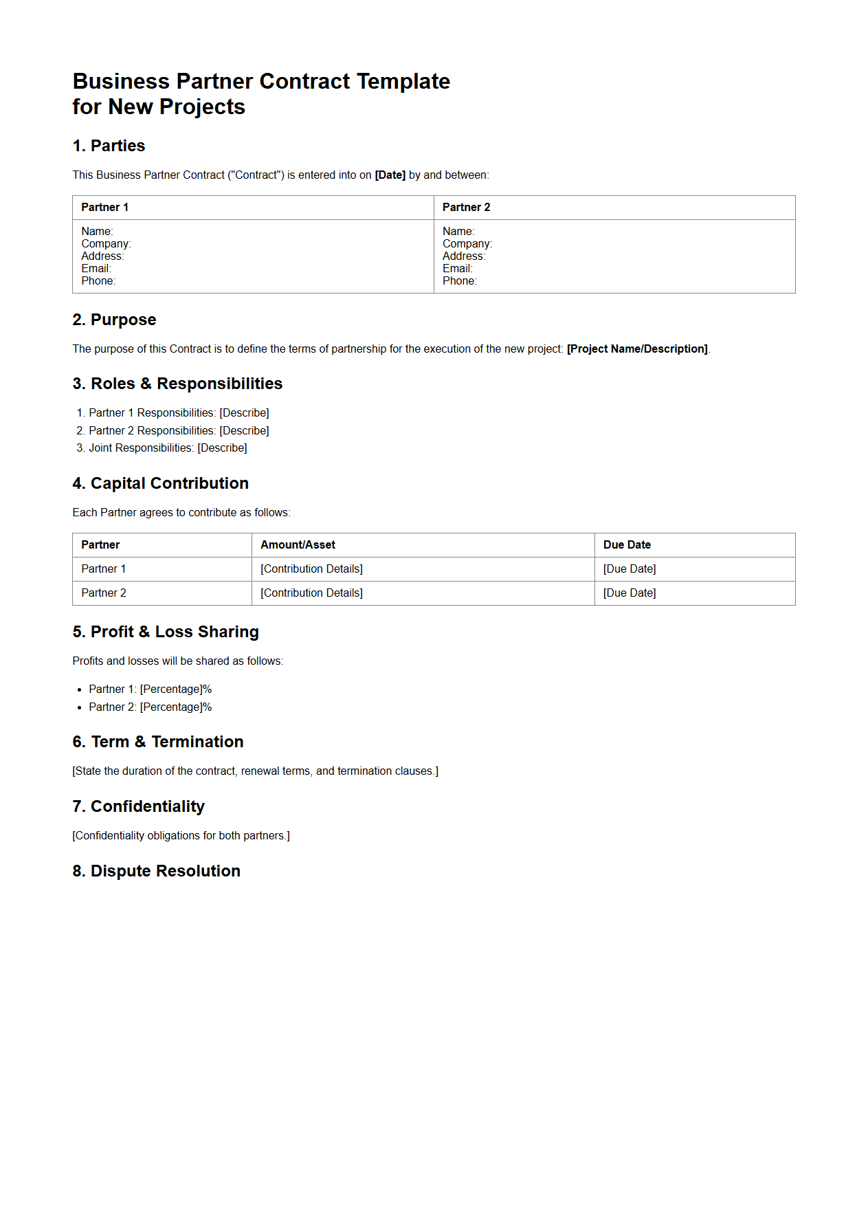 Business Partner Contract Template for New Projects