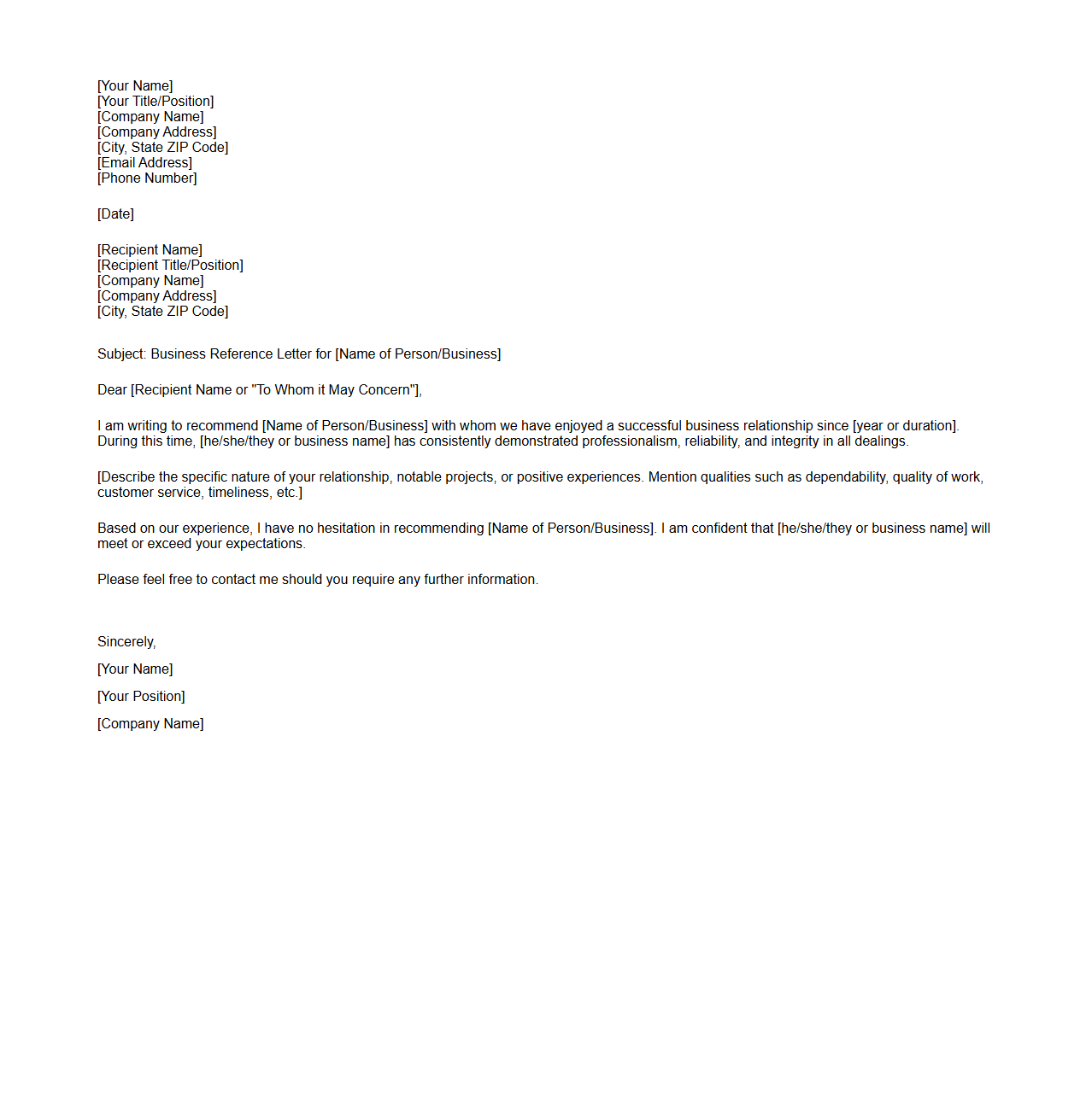 Business Reference Letter Template