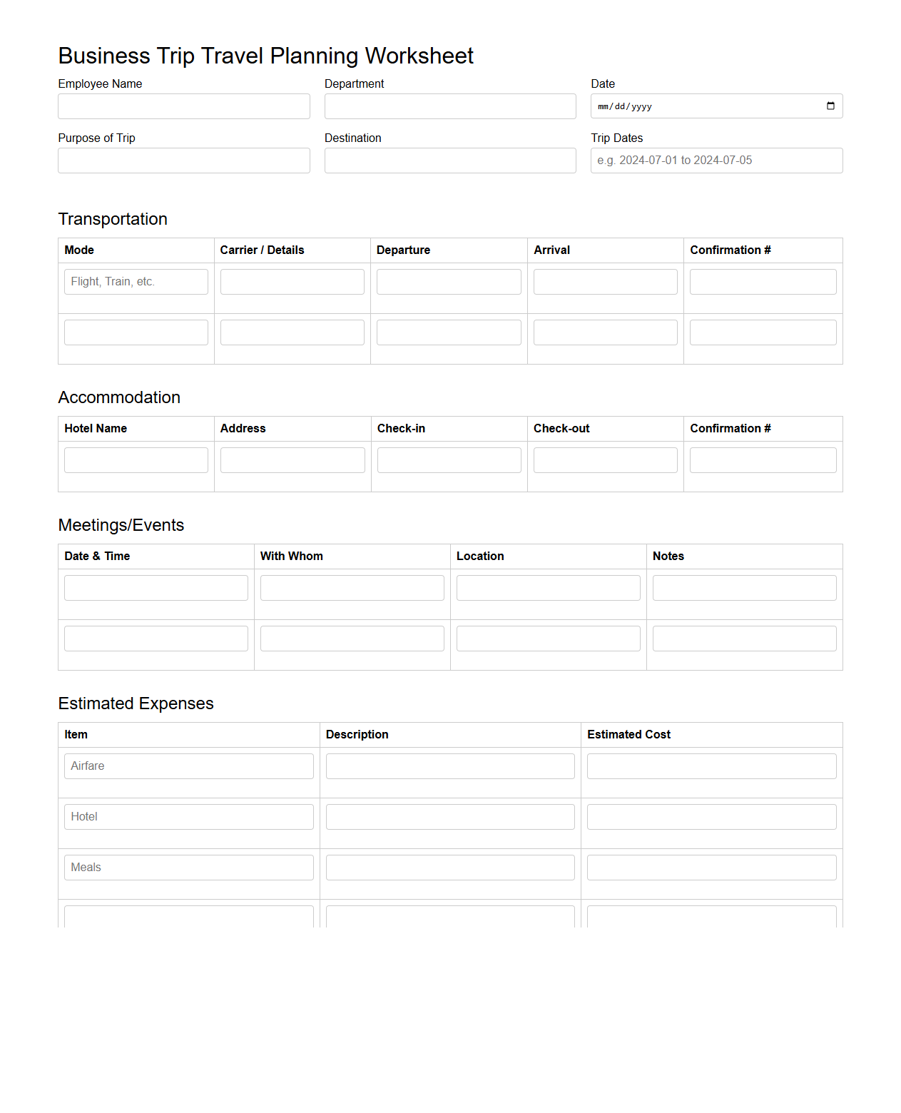 Business Trip Travel Planning Worksheet