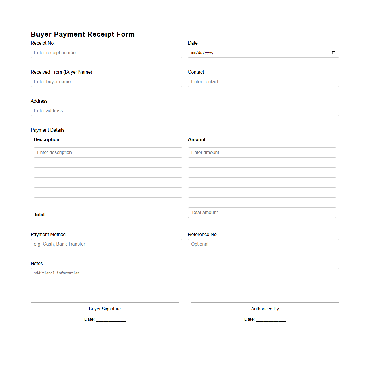 Buyer Payment Receipt Form Template