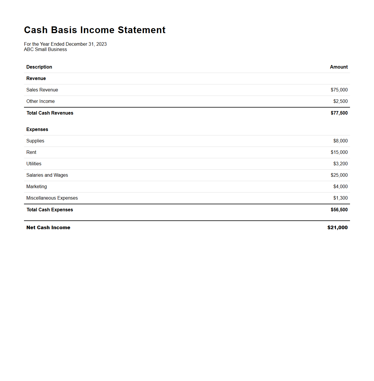 Cash Basis Income Statement Example for Small Business