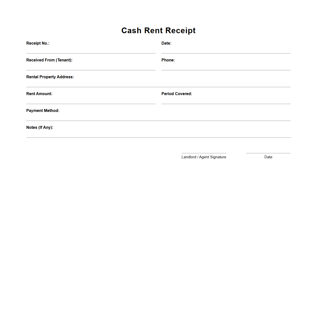 Cash Rent Receipt Template for Private Residences