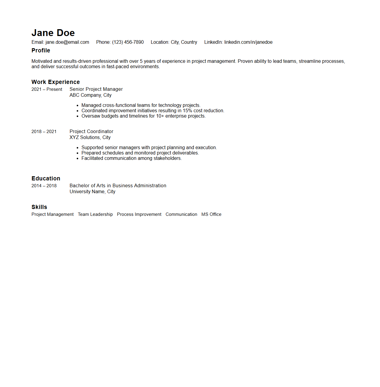 Chronological CV Example for Employment
