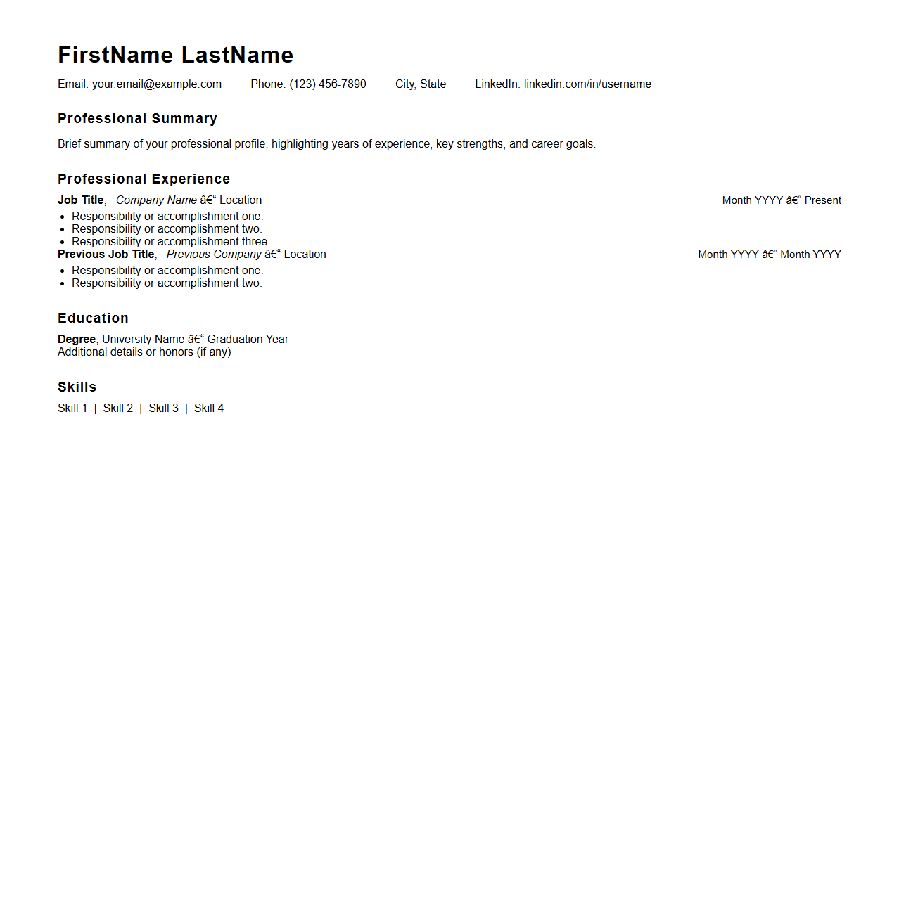 Chronological Resume Template for Professional Experience