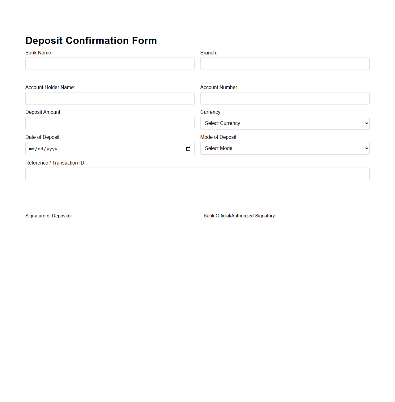 Classic Deposit Confirmation Form for Banks