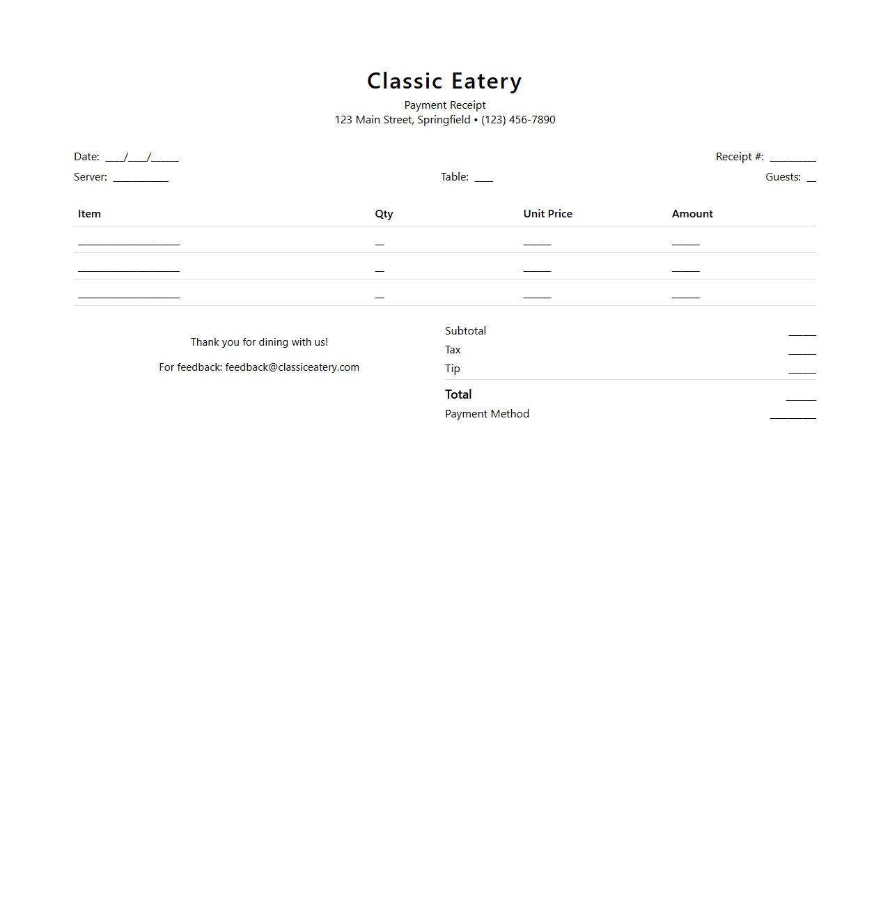 Classic Eatery Payment Receipt Template