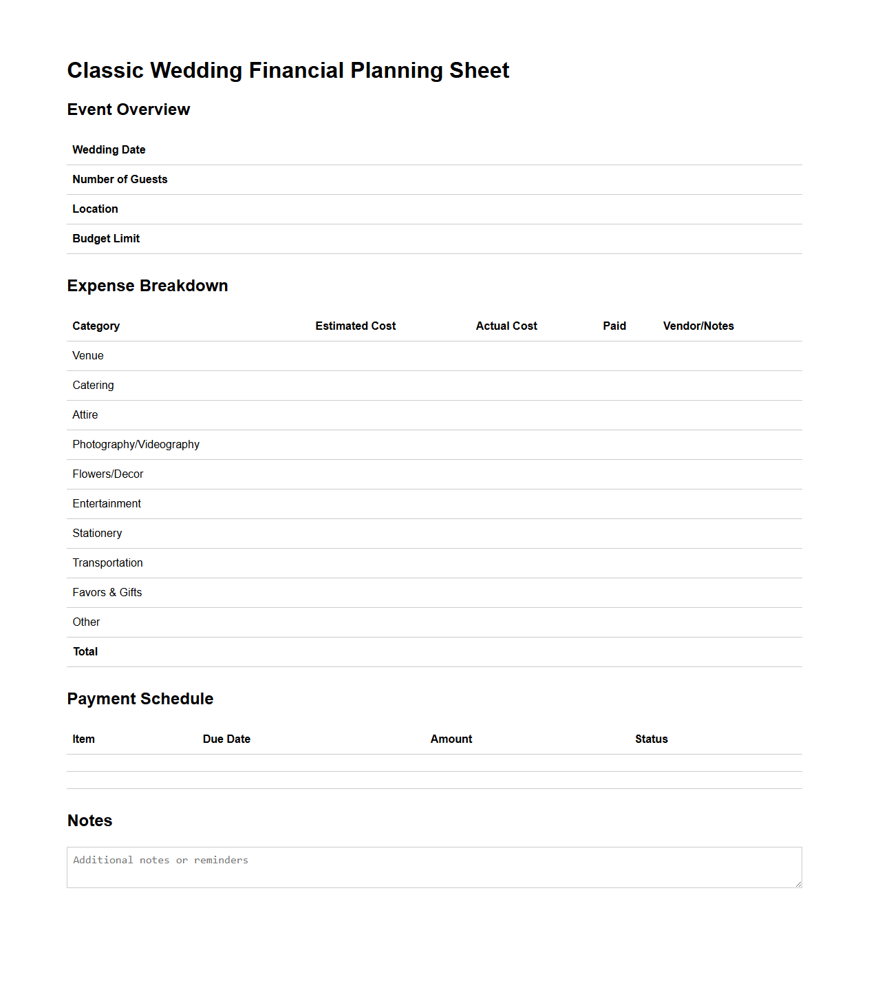 Classic Wedding Financial Planning Sheet