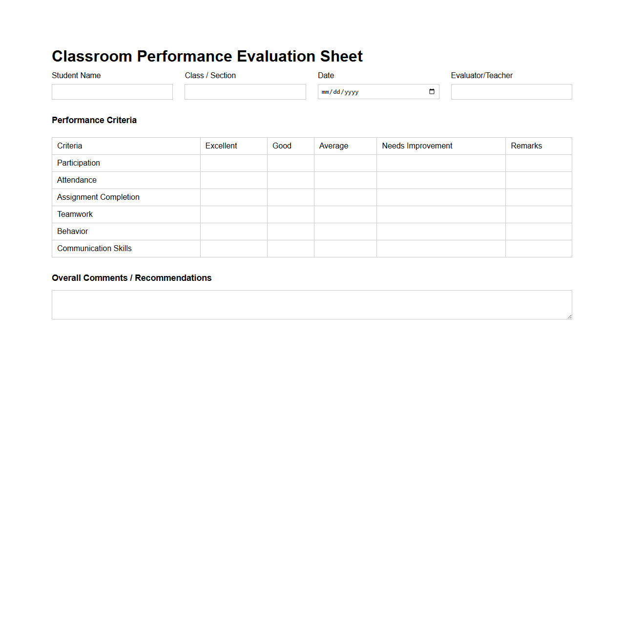 Classroom Performance Evaluation Sheet