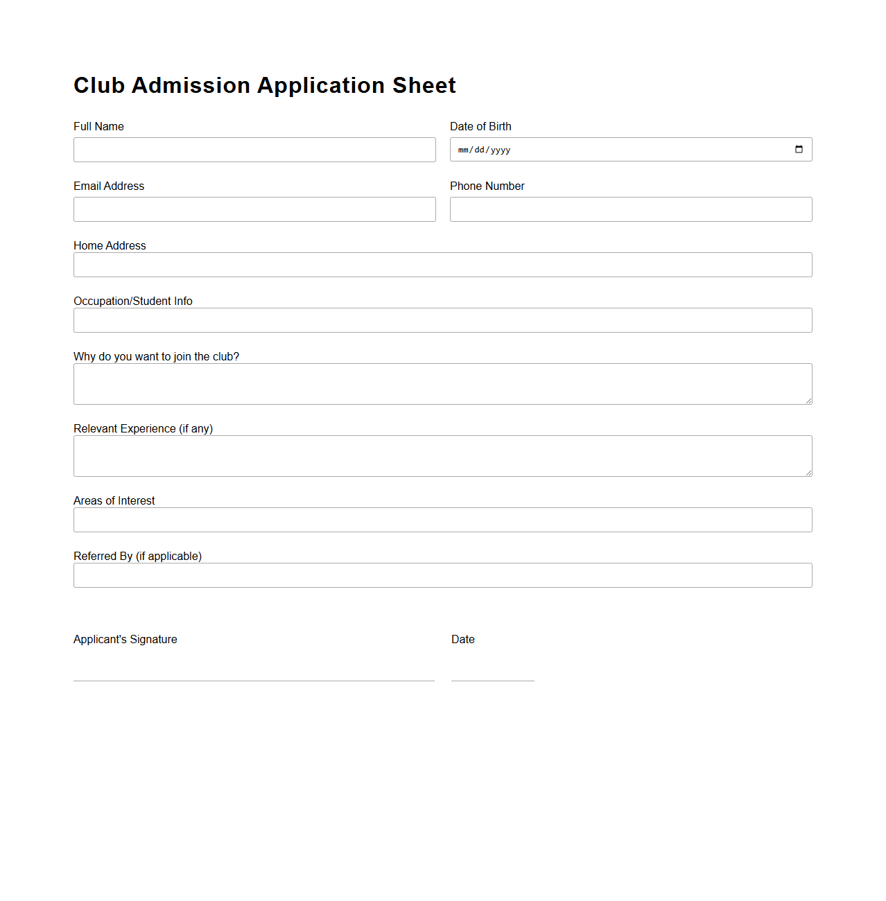 Club Admission Application Sheet