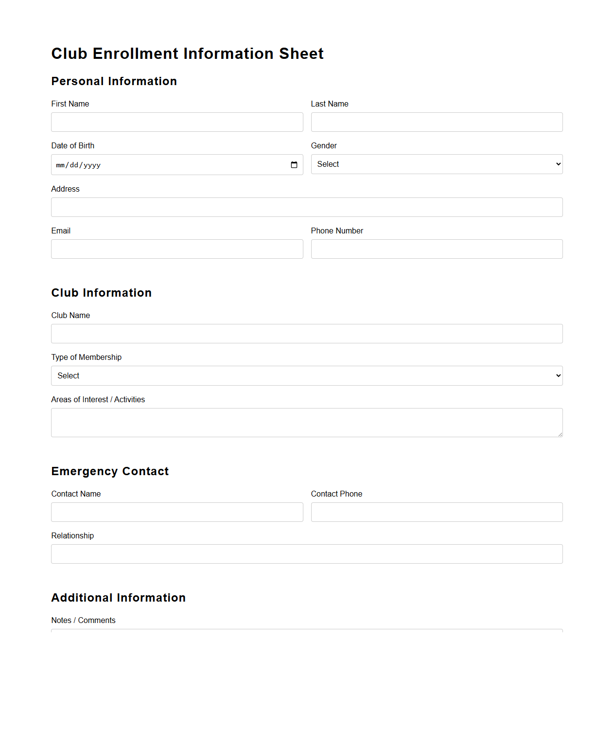 Club Enrollment Information Sheet Template