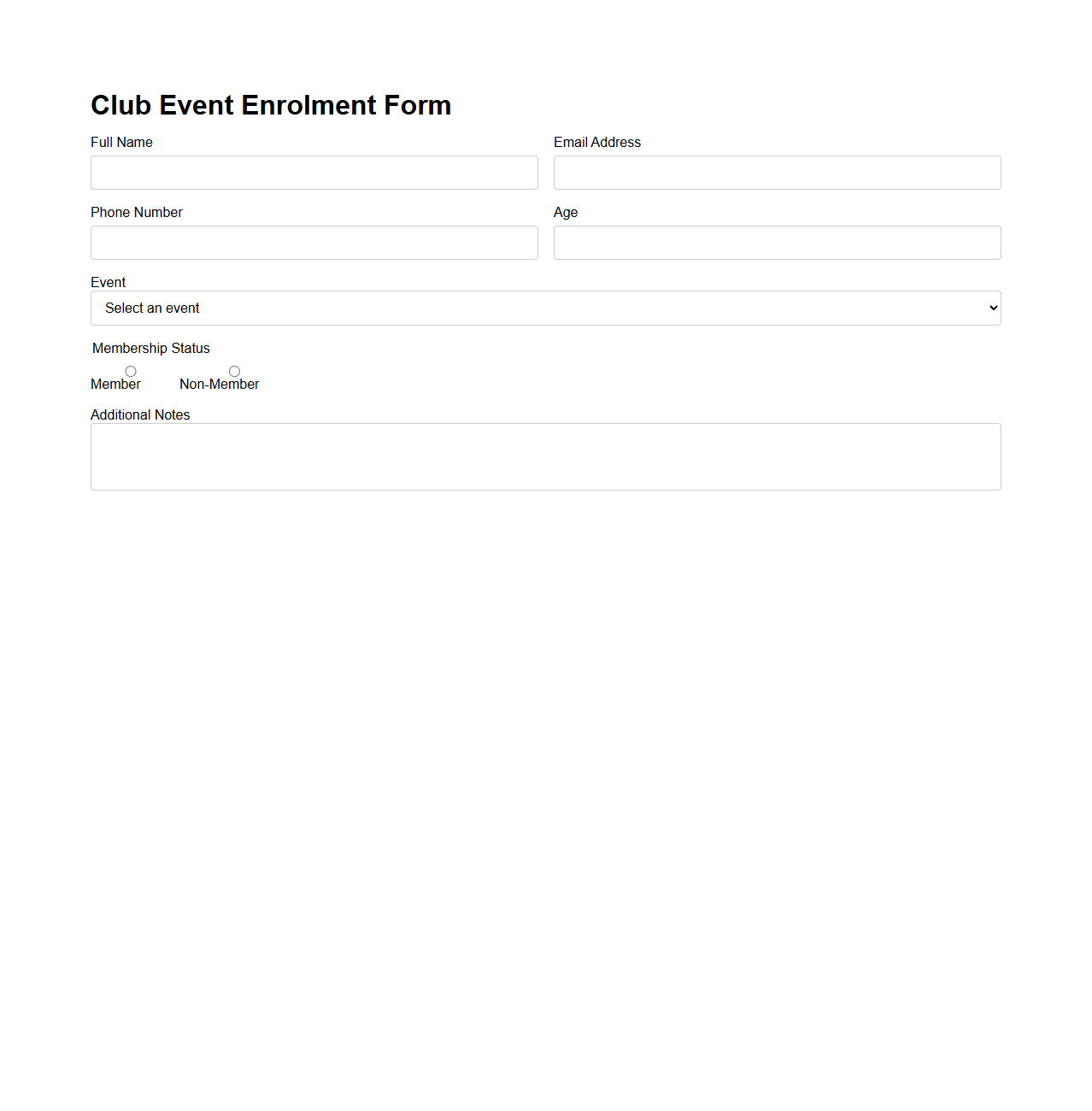 Club Event Enrolment Form Template