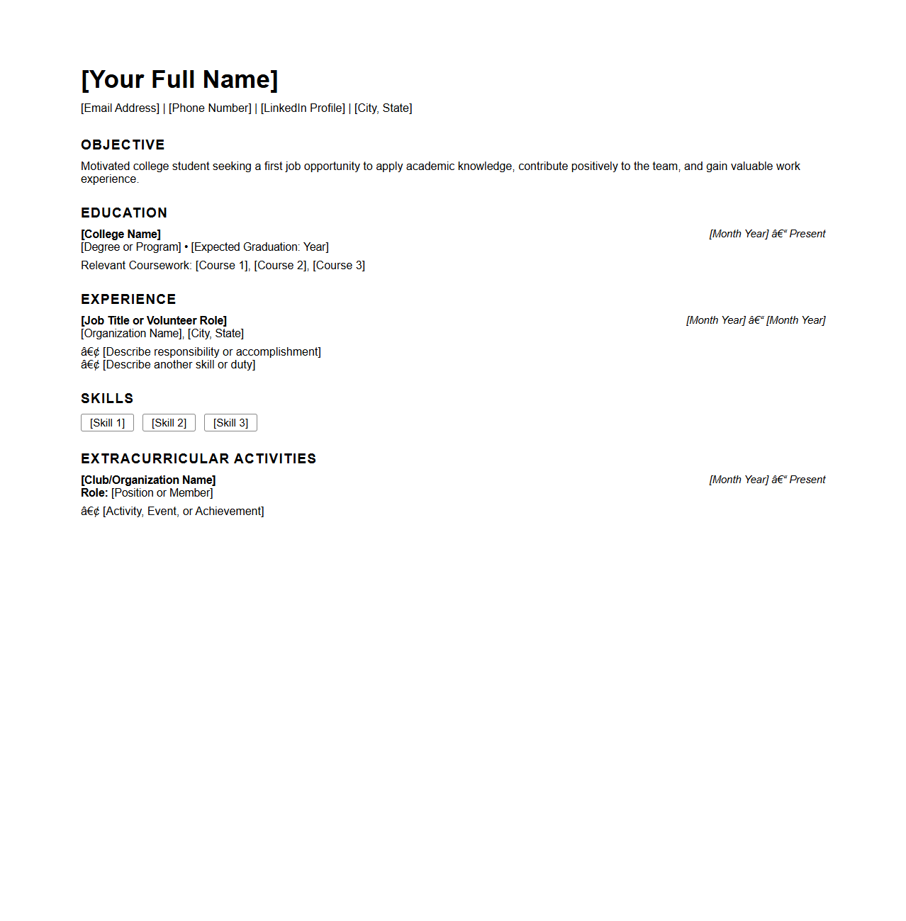 College Student Resume Template for First Job