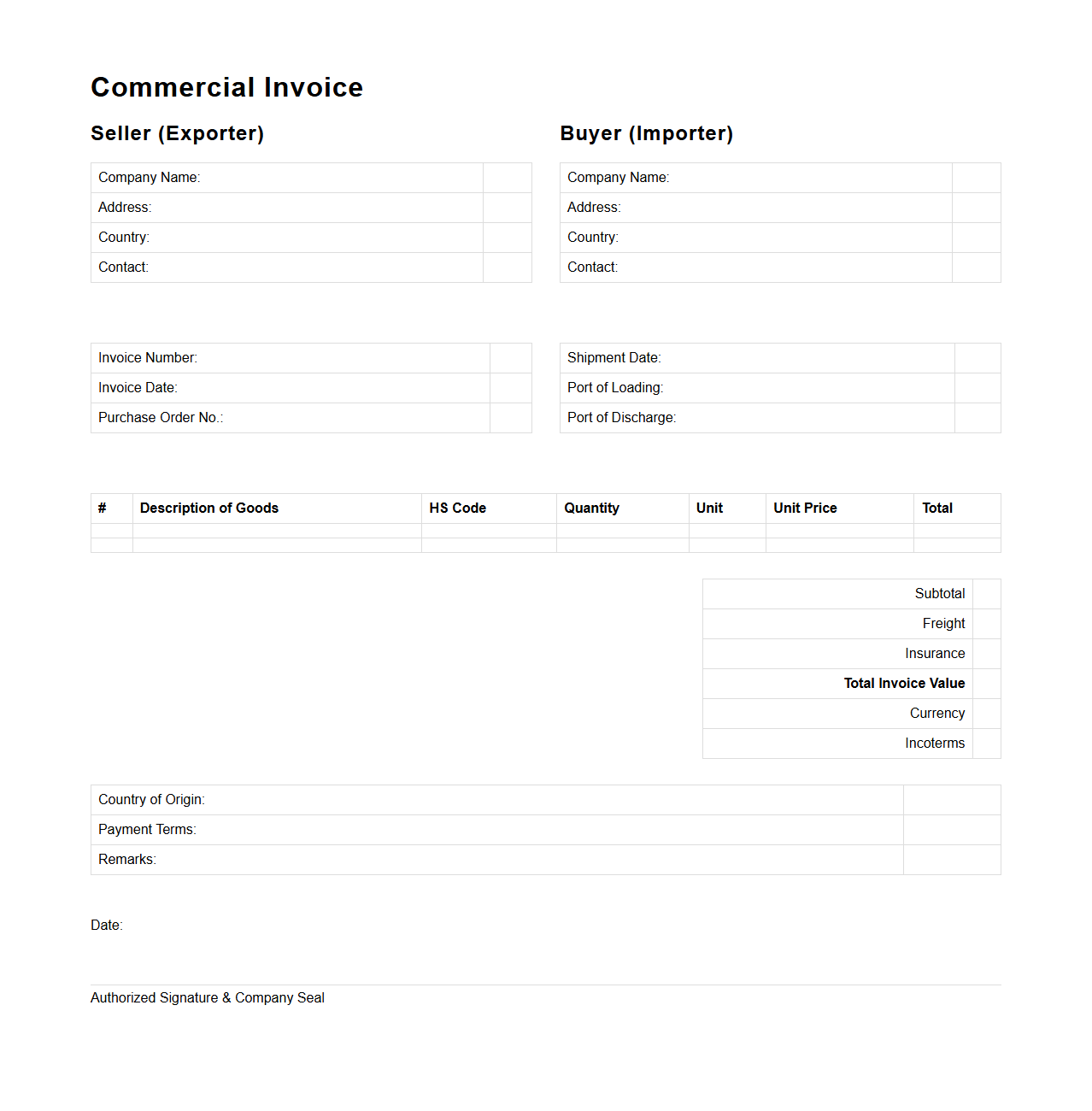 Commercial Goods Invoice Template for International Buyers