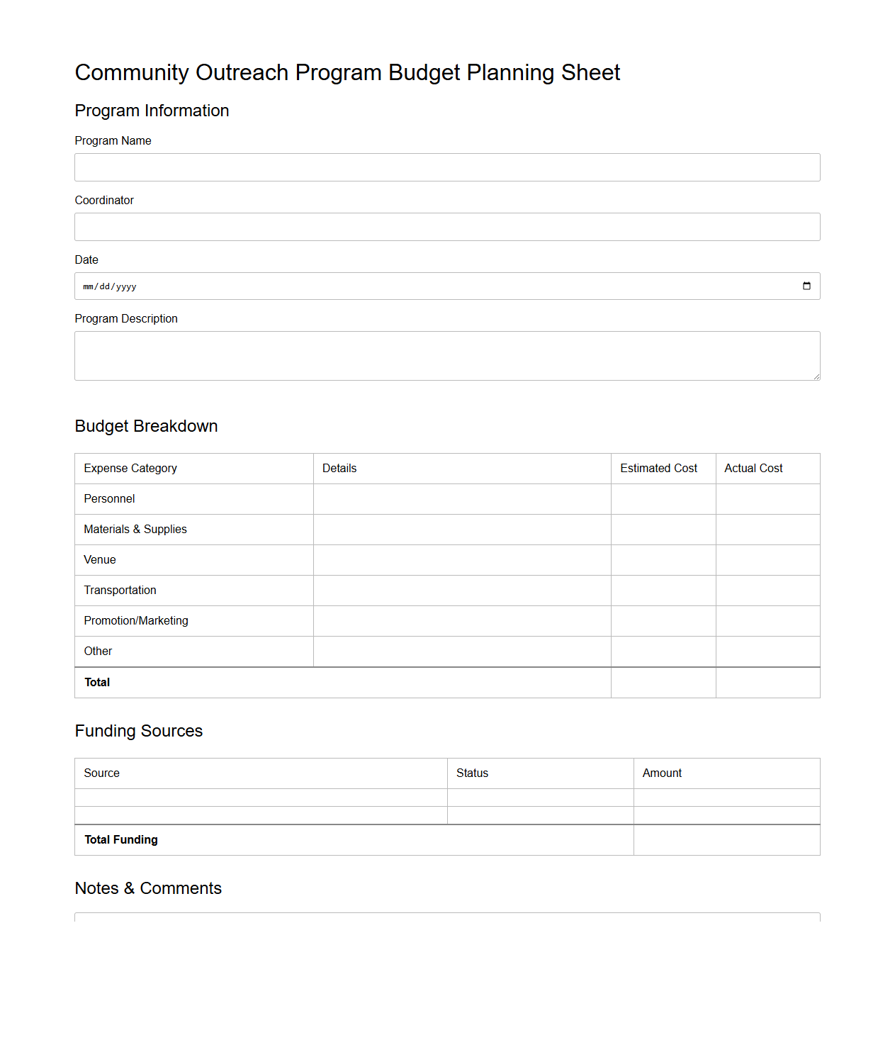 Community Outreach Program Budget Planning Sheet