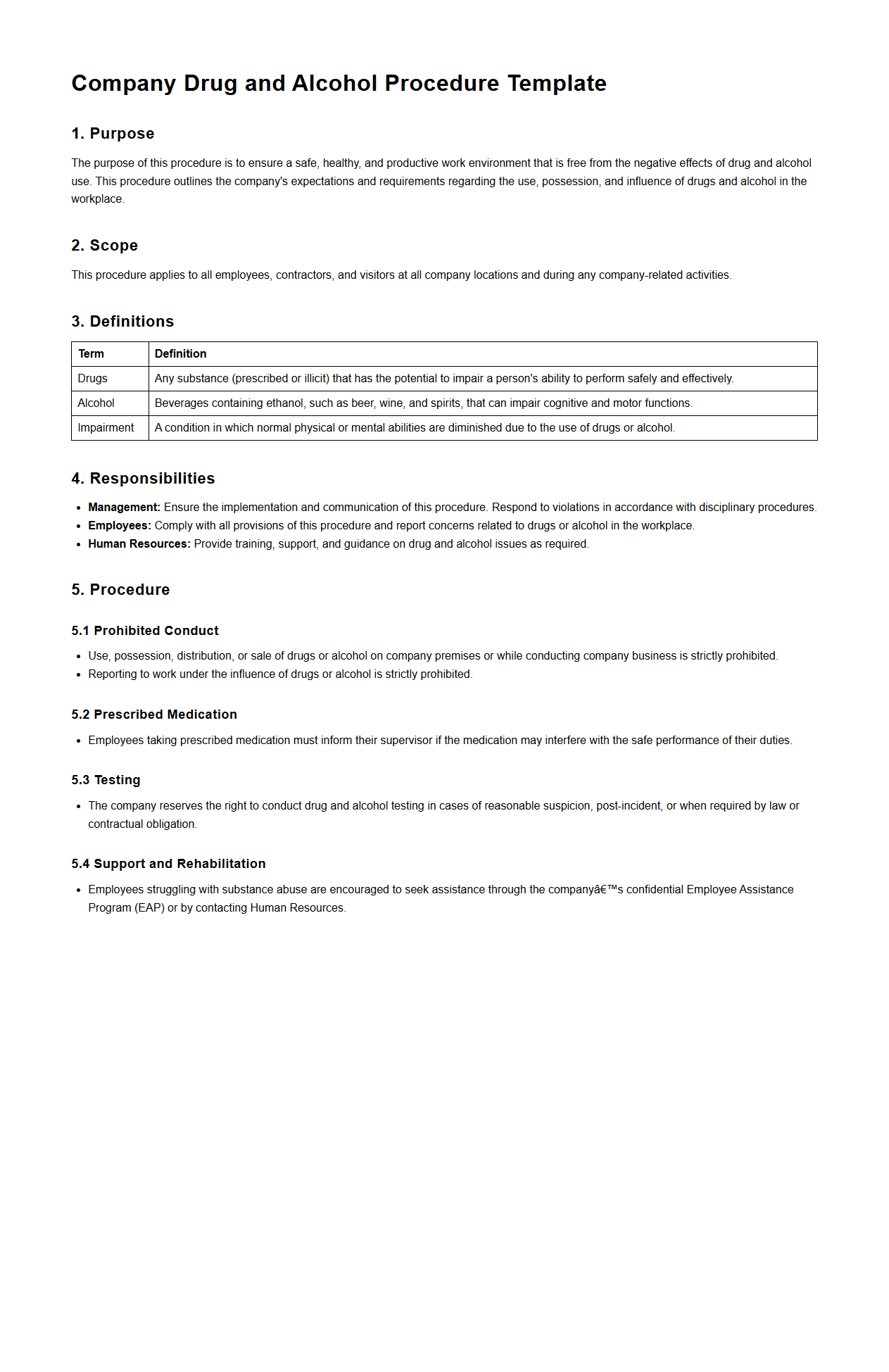 Company Drug and Alcohol Procedure Template