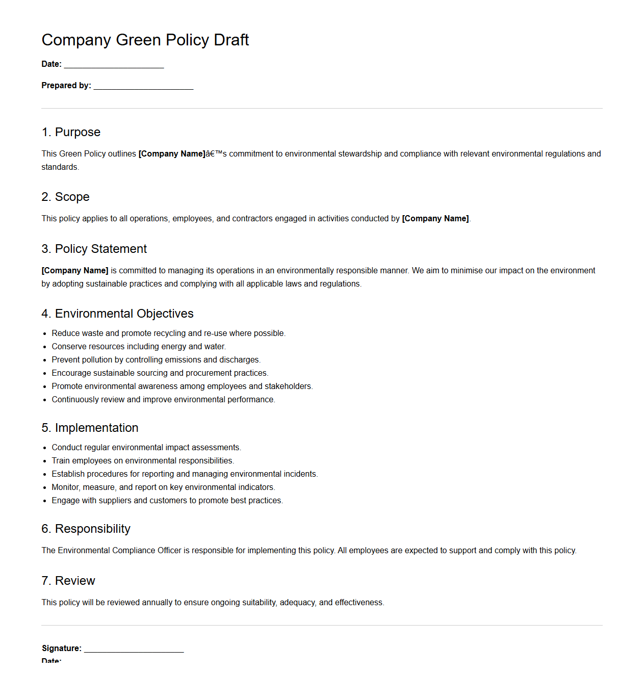 Company Green Policy Draft for Environmental Compliance