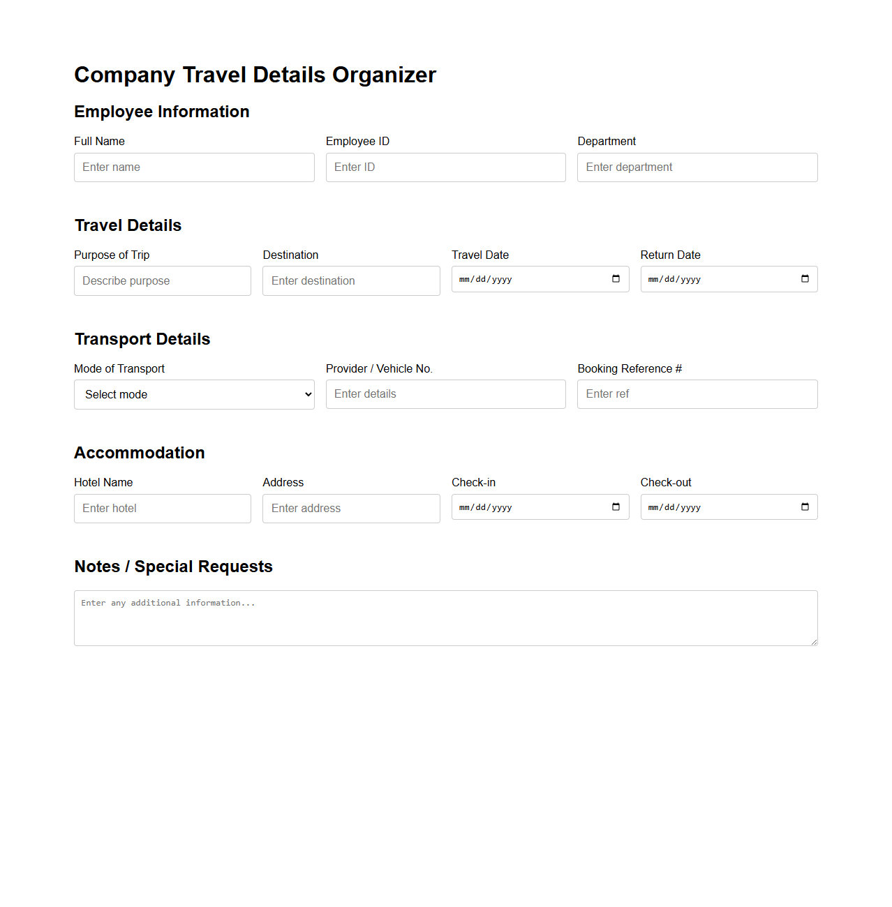 Company Travel Details Organizer