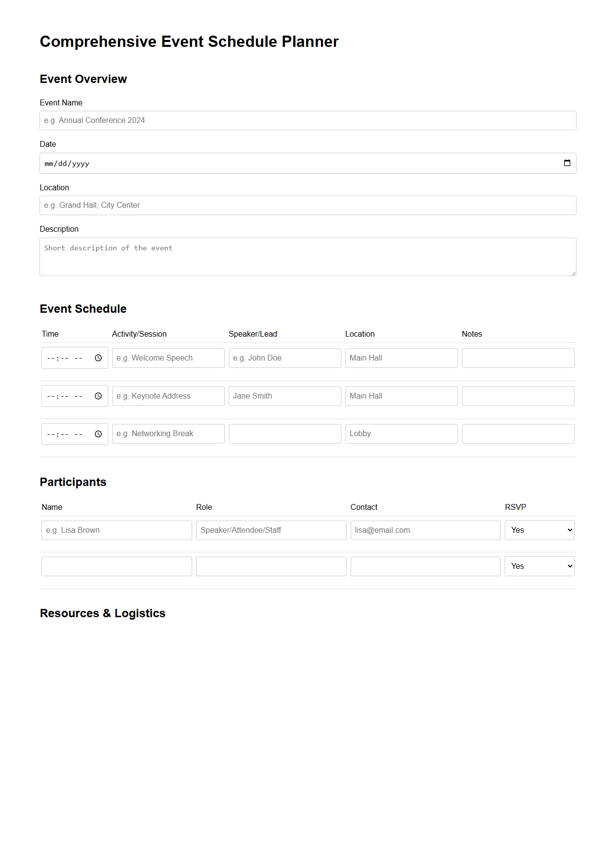 Comprehensive Event Schedule Planner
