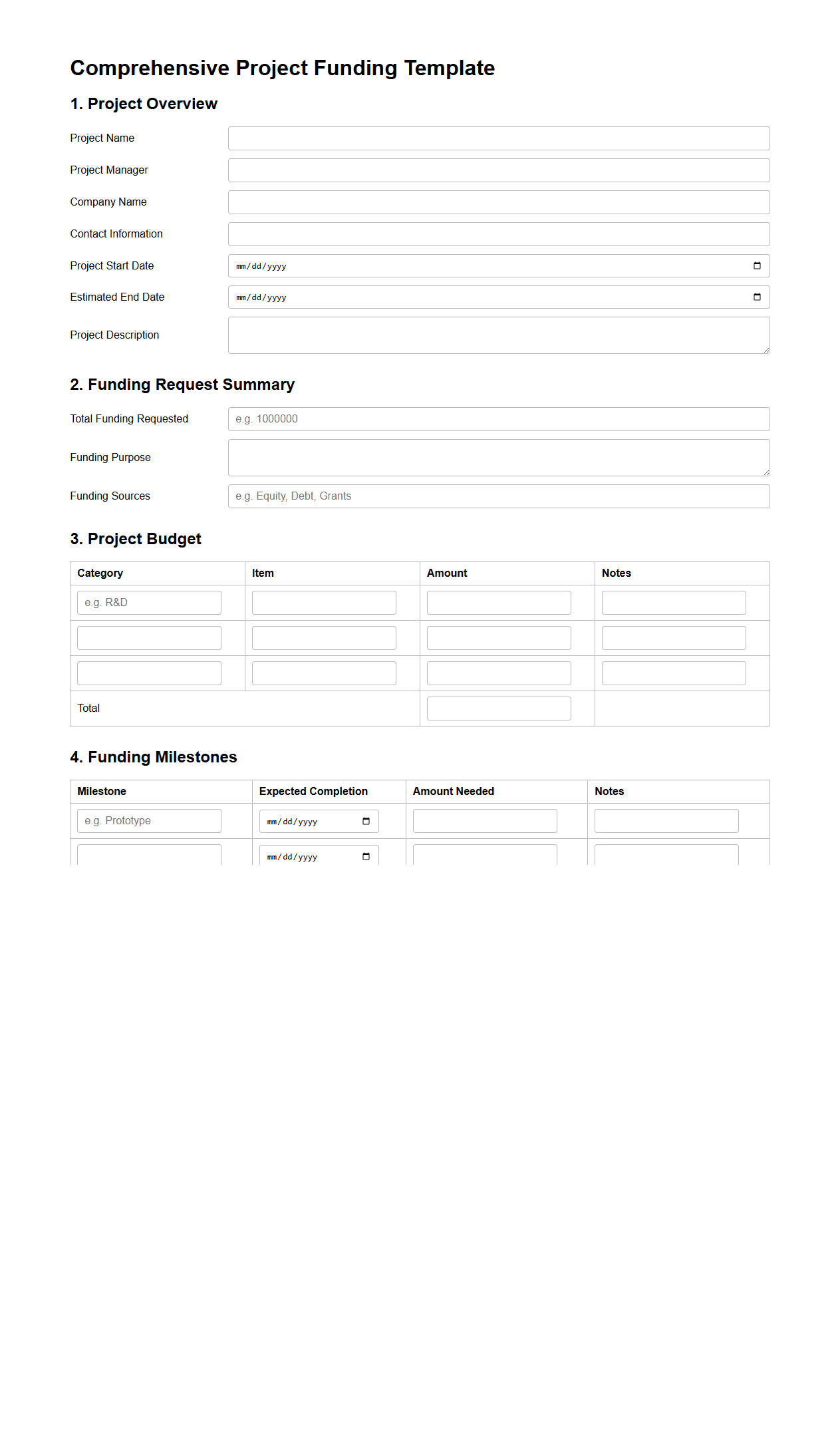 Comprehensive Project Funding Template for Companies