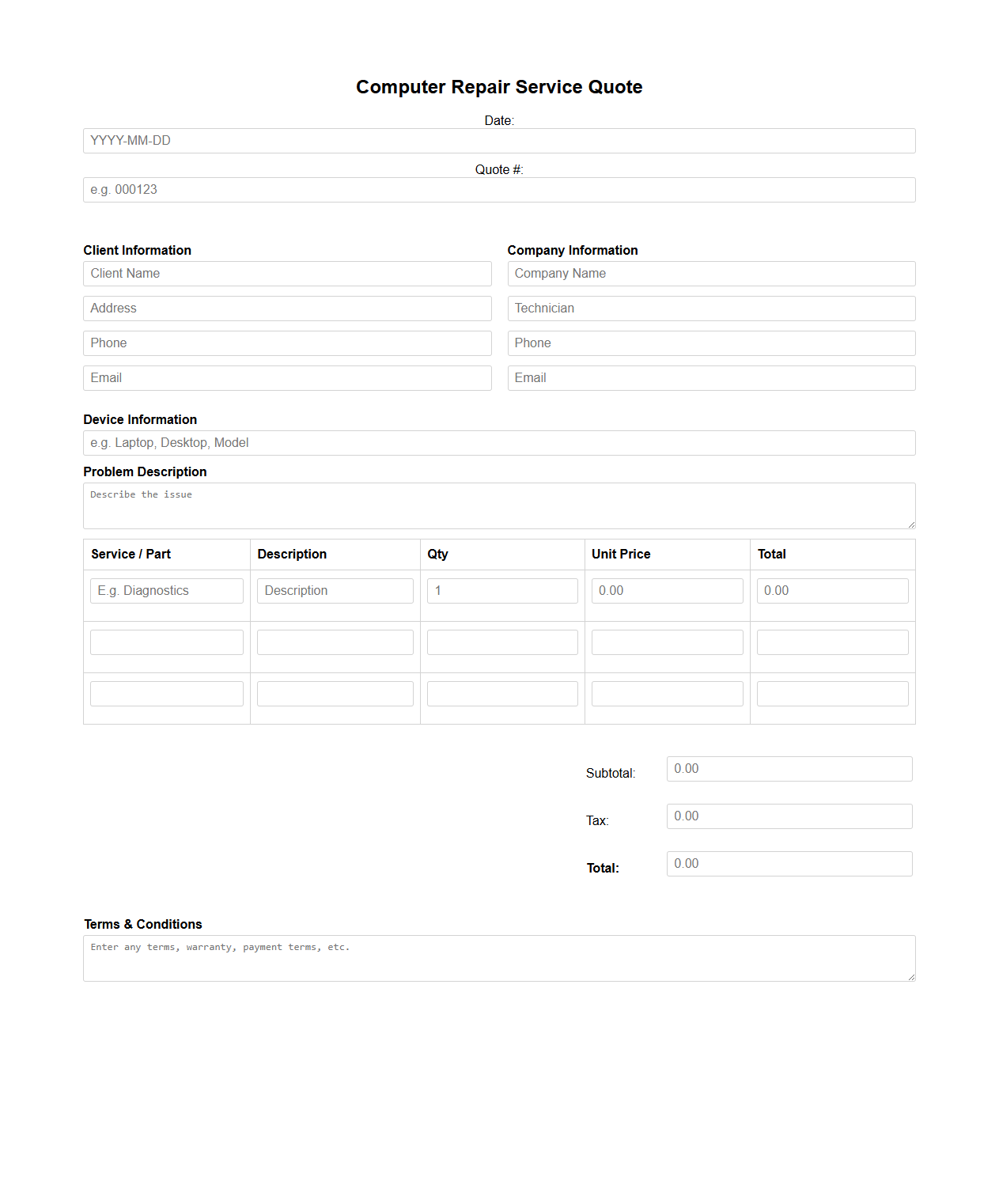 Computer Repair Service Quote Template