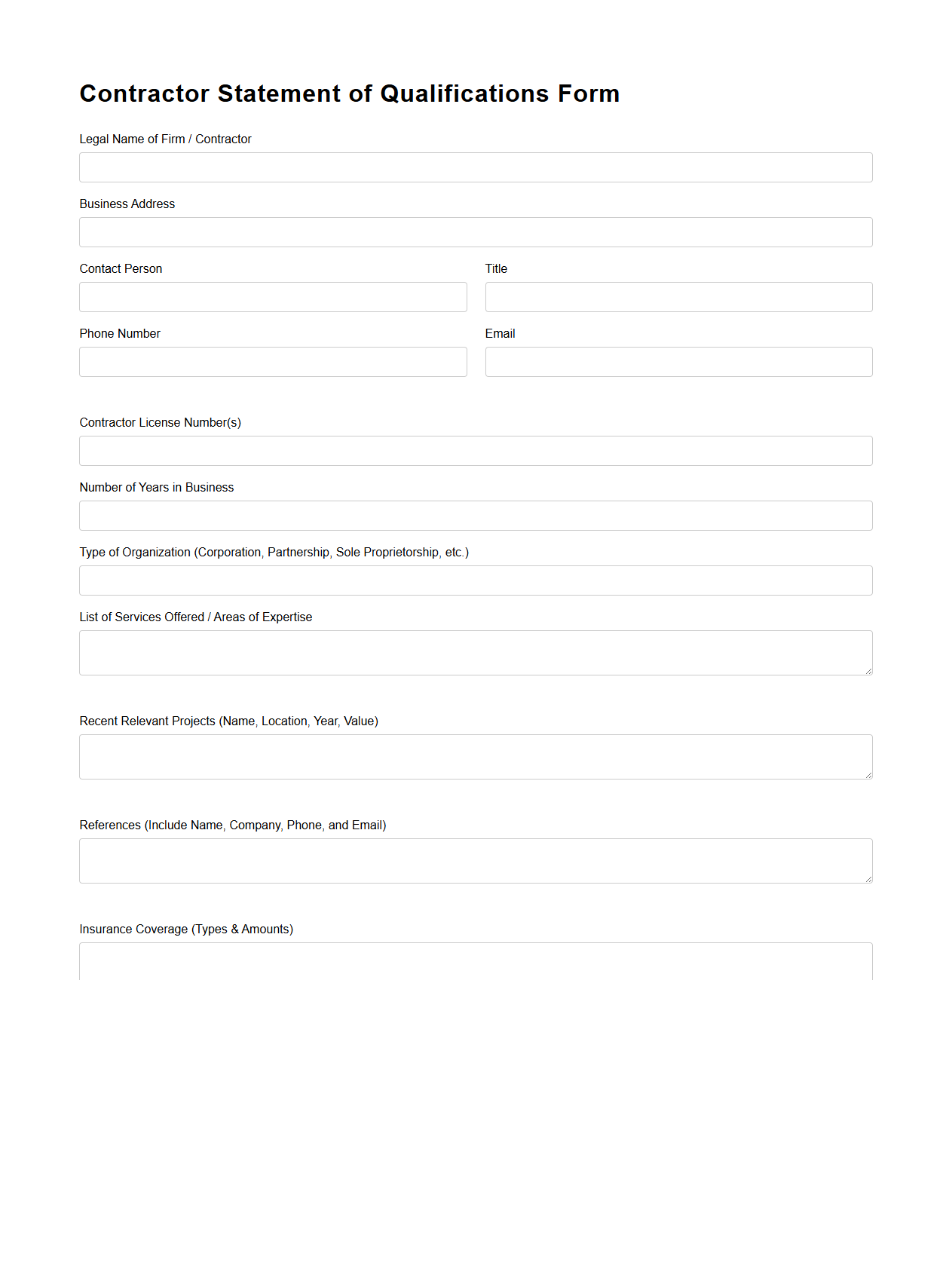 Contractor Statement of Qualifications Form