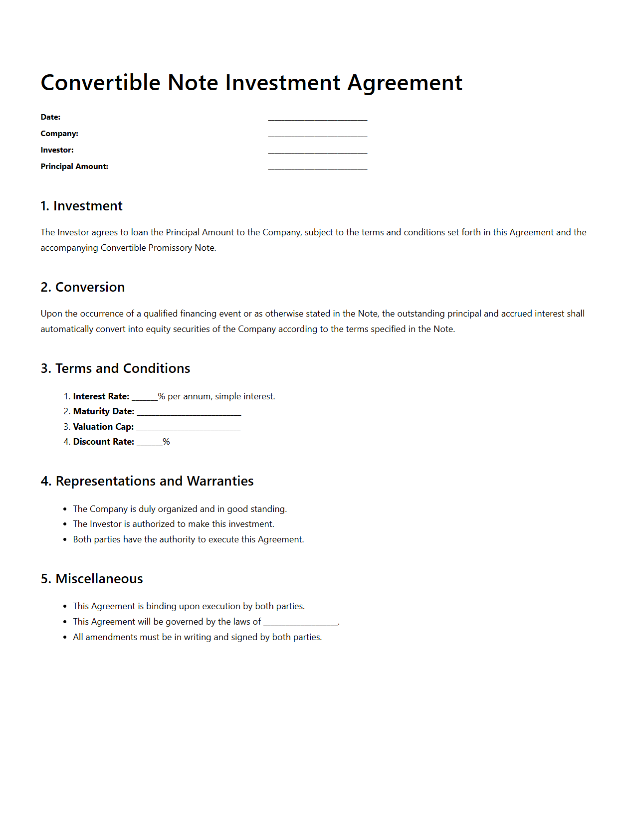 Convertible Note Investment Agreement Page