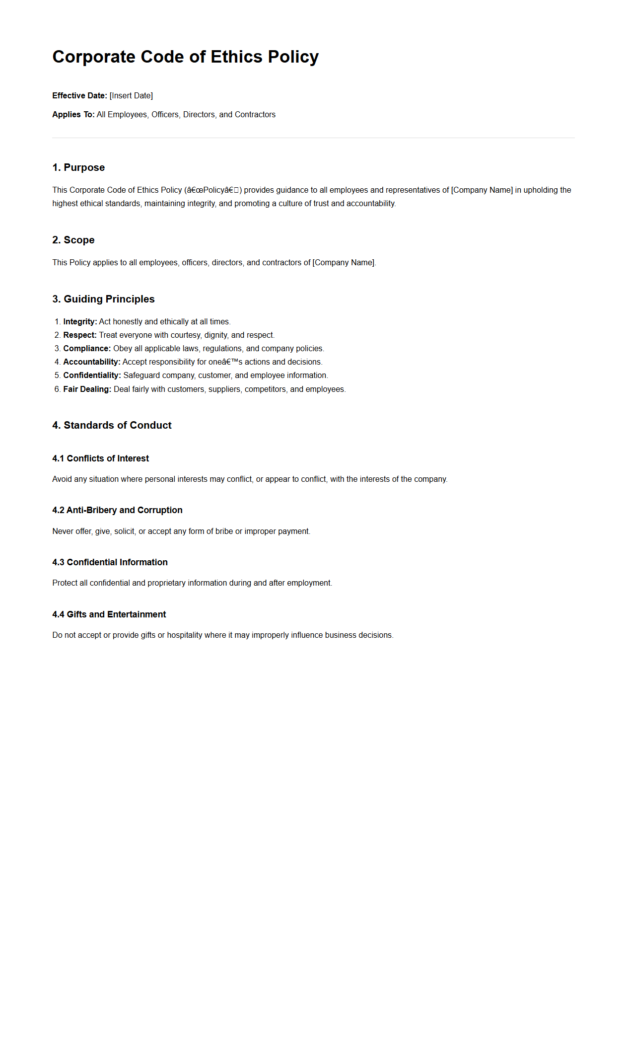 Corporate Code of Ethics Policy Sample