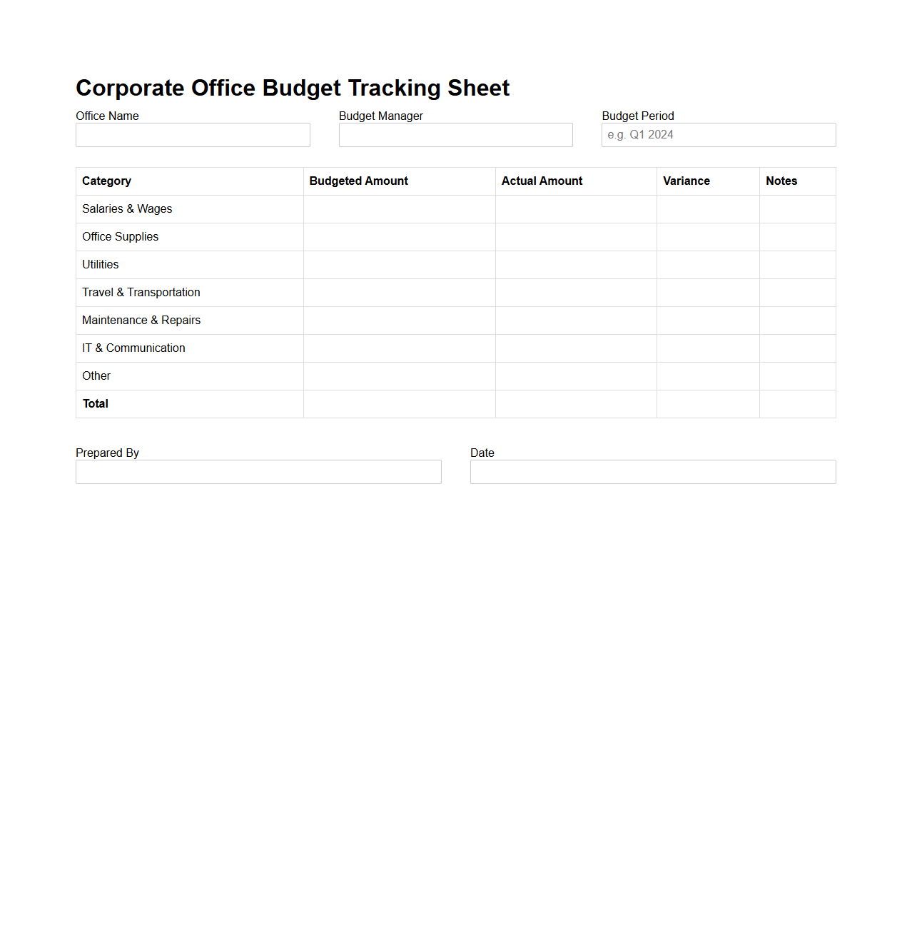 Corporate Office Budget Tracking Sheet