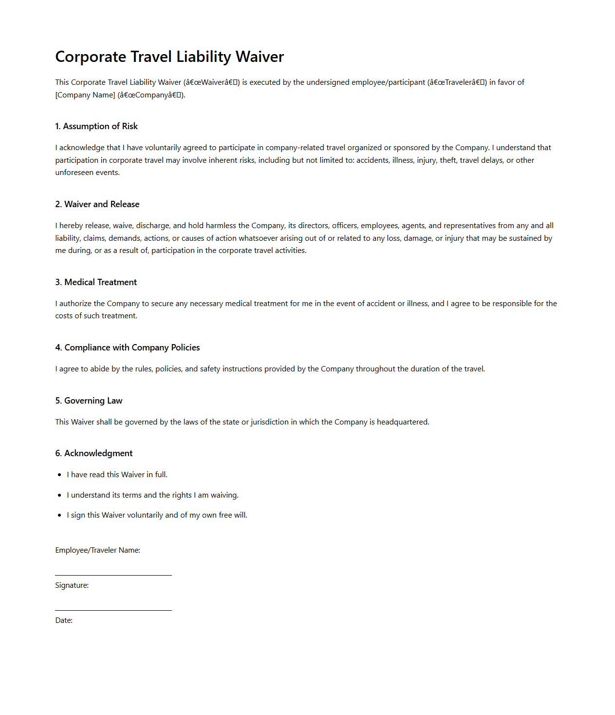 Corporate Travel Liability Waiver Template