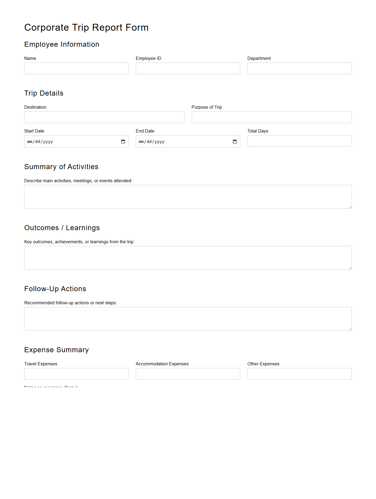 Corporate Trip Report Form for Employee Travel