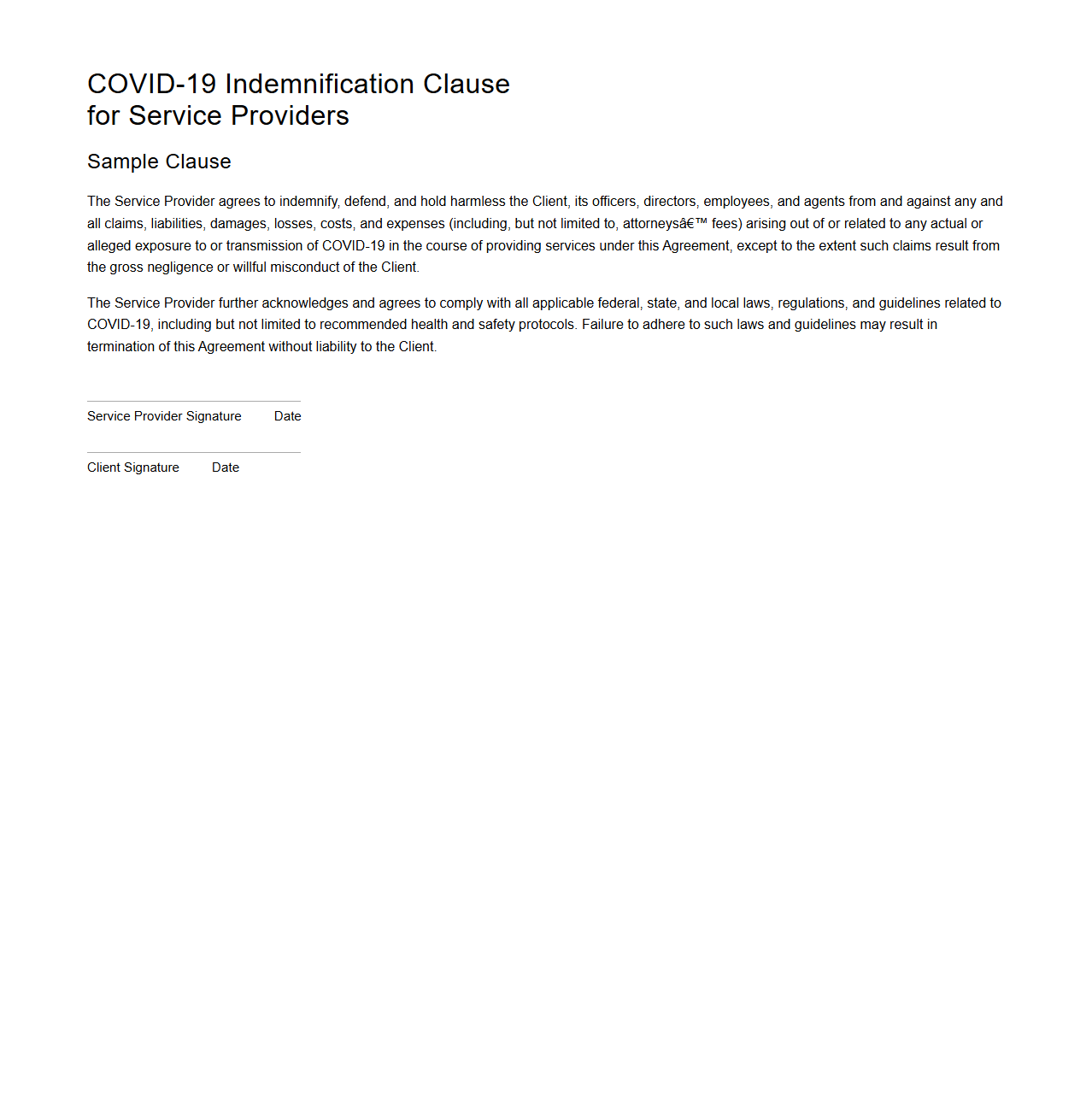 COVID-19 Indemnification Clause for Service Providers