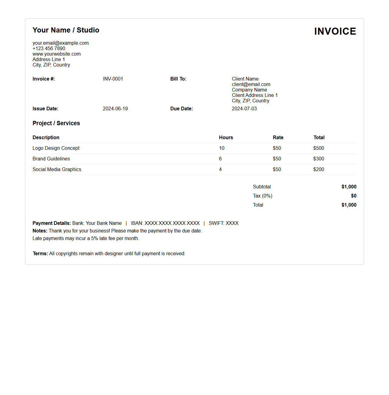 Custom Project Invoice Template for Freelance Graphic Designers
