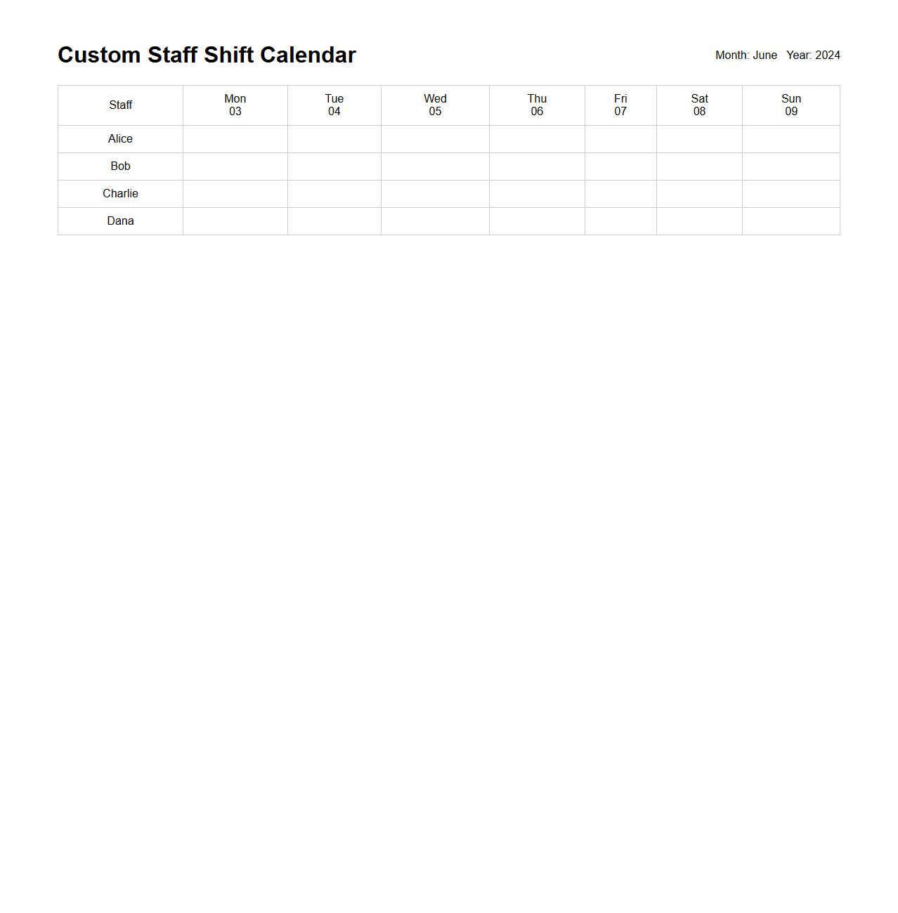Custom Staff Shift Calendar Template