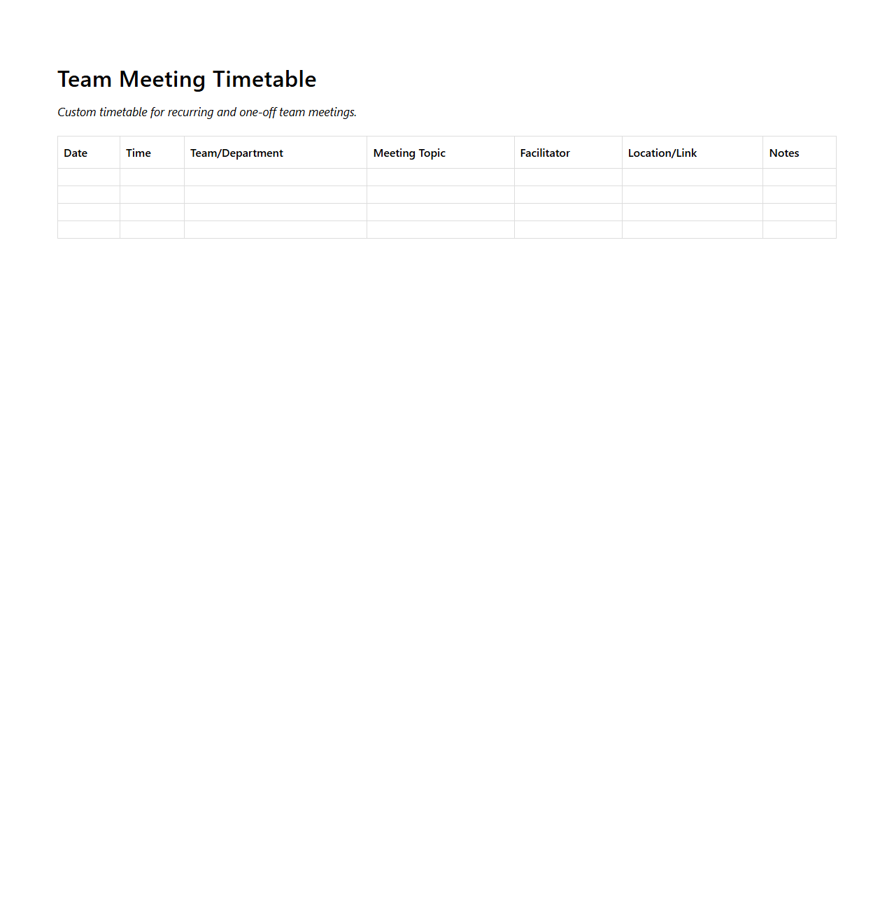 Custom Team Meeting Timetable Template