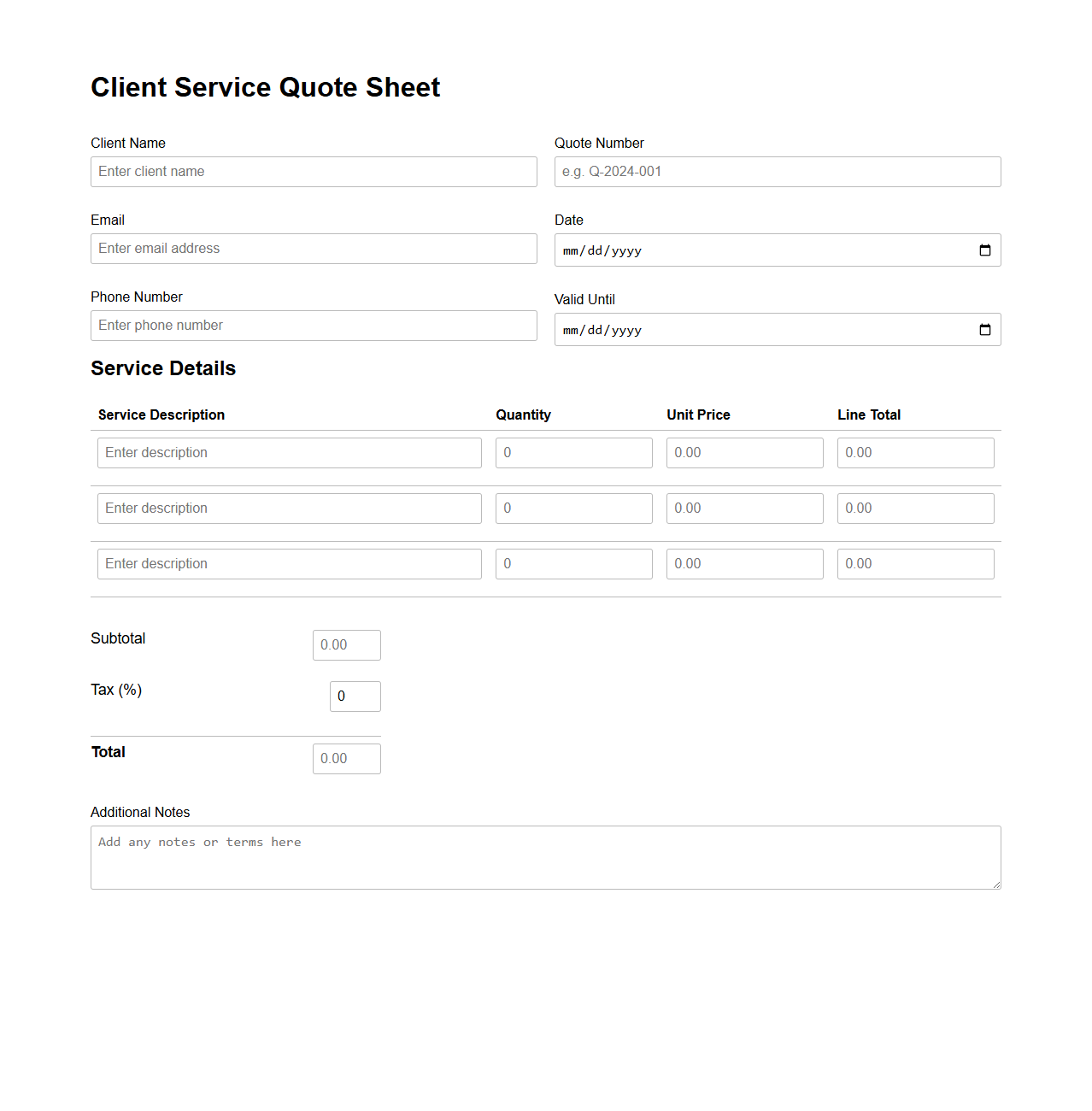 Customizable Client Service Quote Sheet