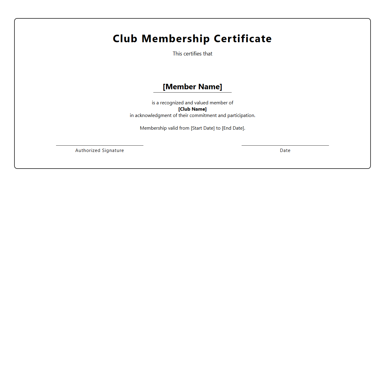 Customizable Club Membership Certificate Template