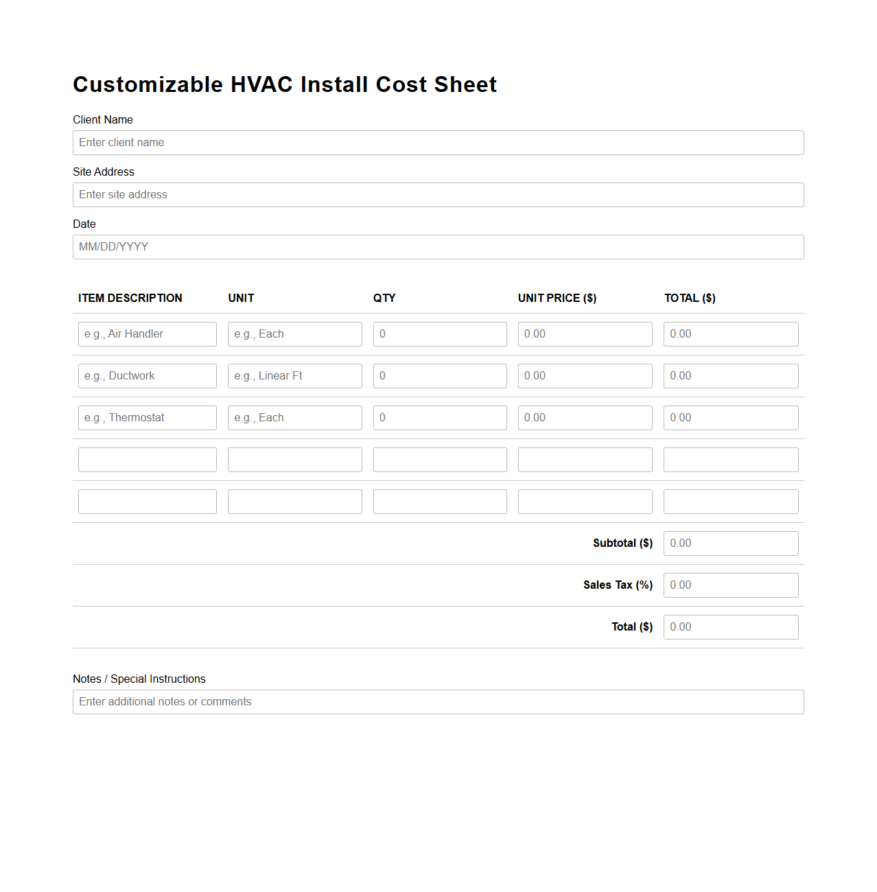Customizable HVAC Install Cost Sheet