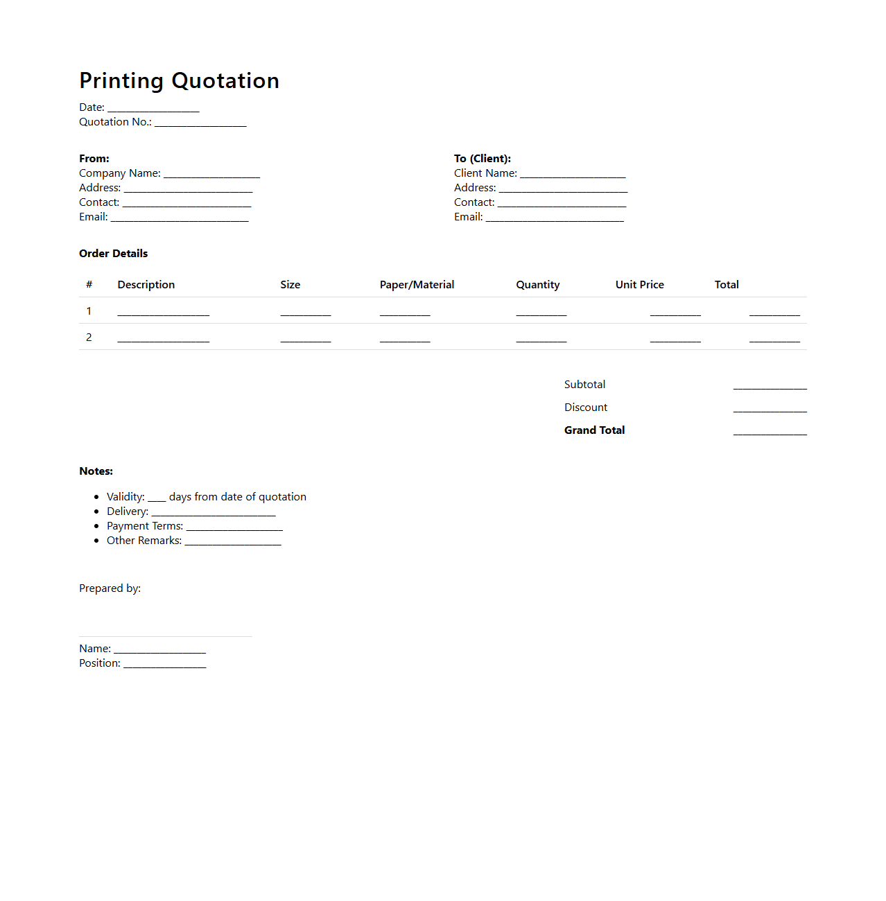 Customizable Printing Quotation Format for Print Orders