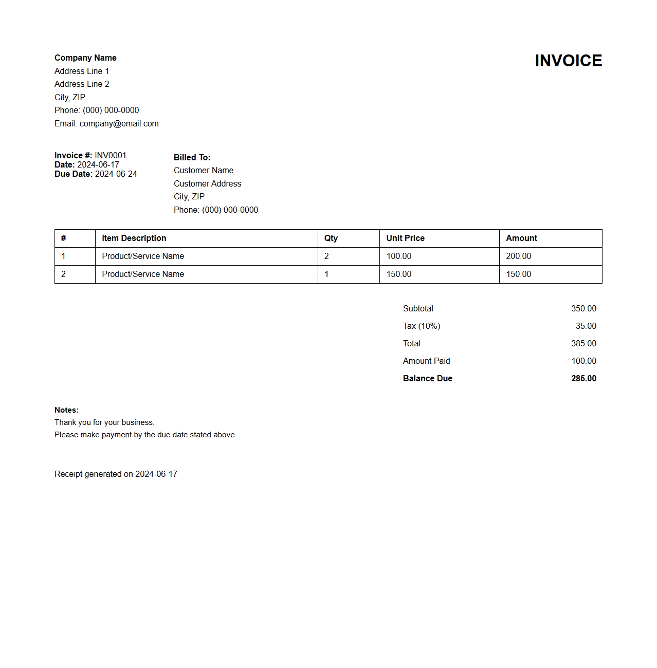 Customizable Sales Invoice and Receipt Format