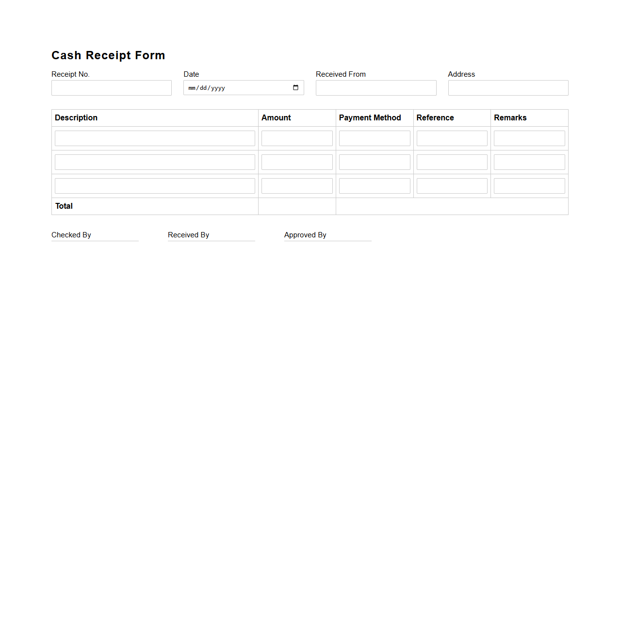 Customized Cash Receipt Form for Multiple Entries