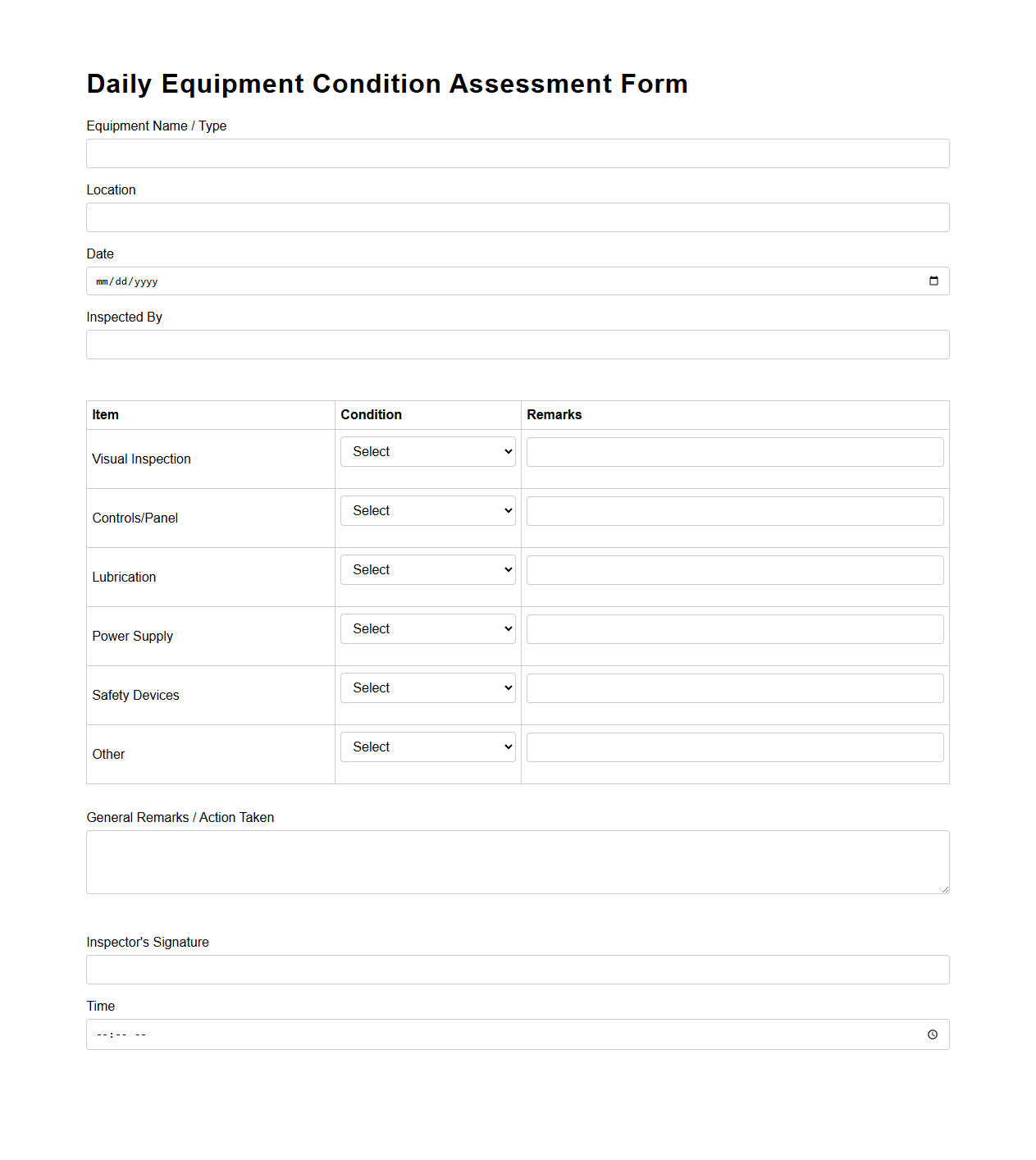 Daily Equipment Condition Assessment Form